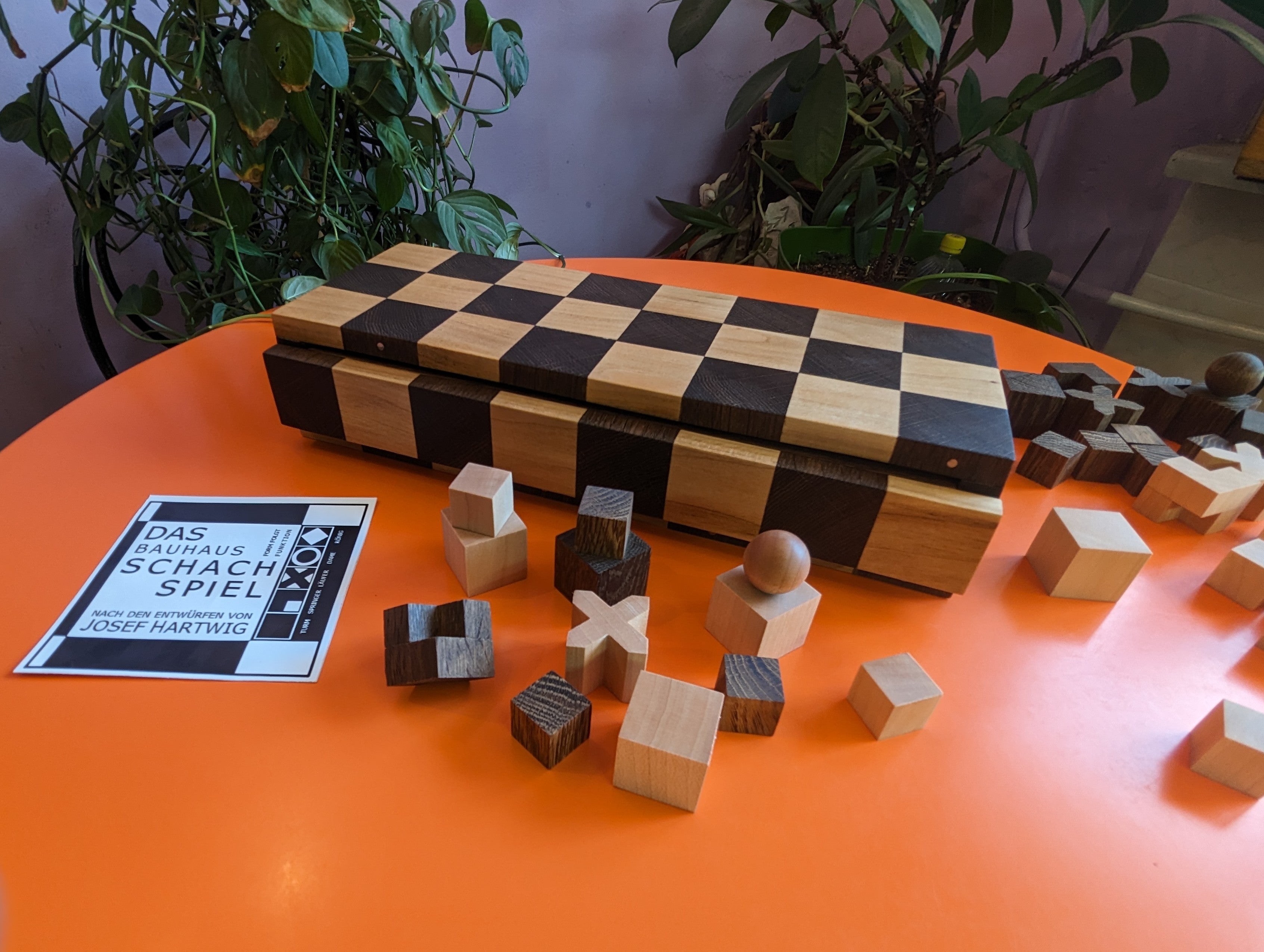 Portable Bauhaus Chess Set with Wooden Chessboard/Chessbox. Handmade