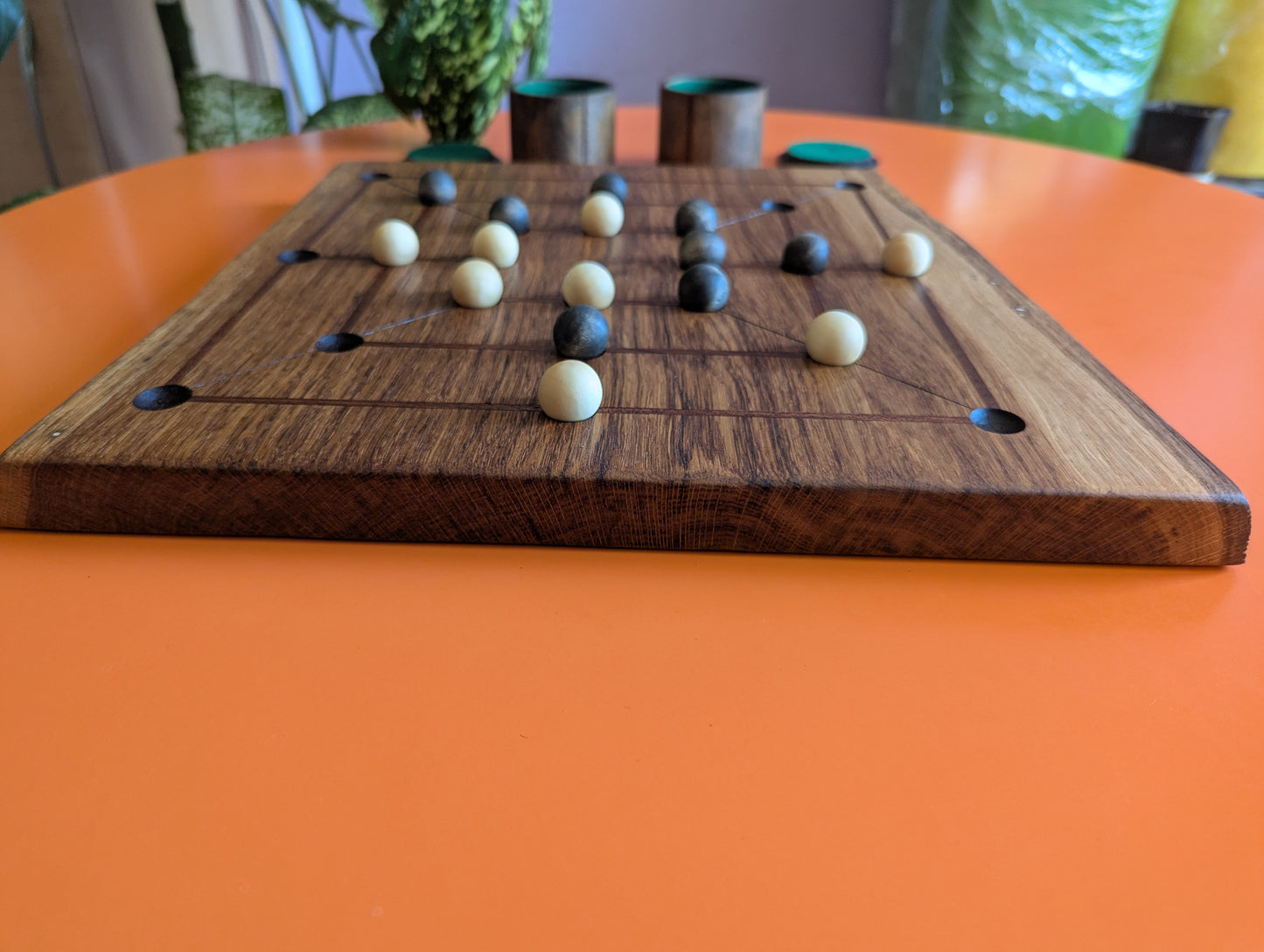 Handmade Twelve/Nine men's Morris game set. Solid oak wood board with live egde.