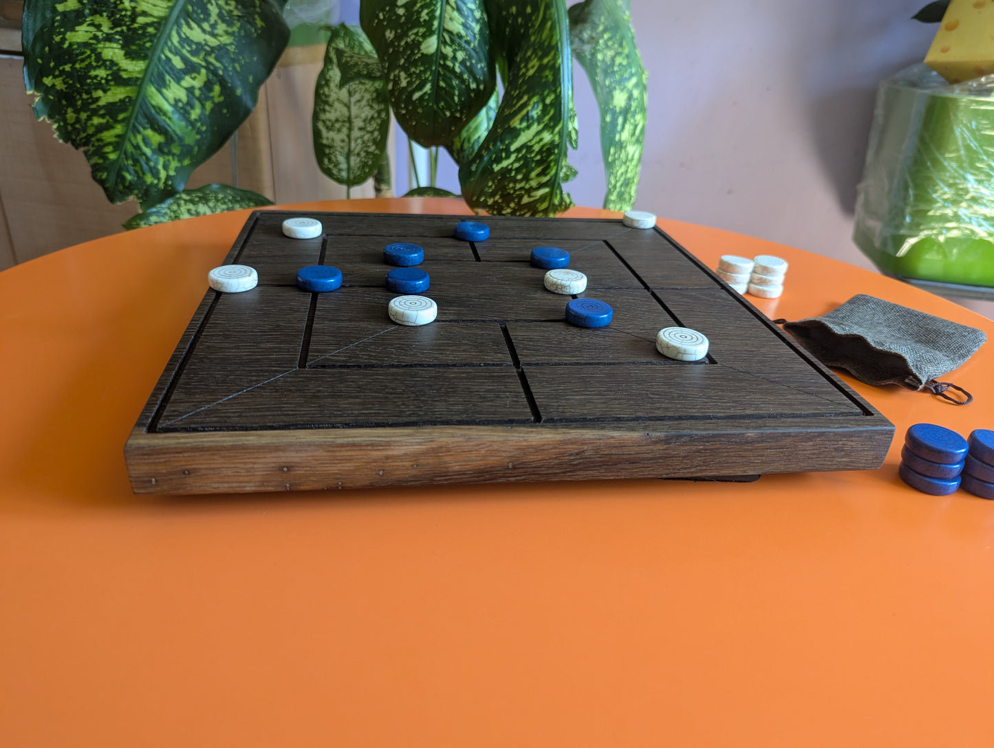 Handmade Twelve/Nine men's Morris game set. 13.5" Solid bog oak wood board