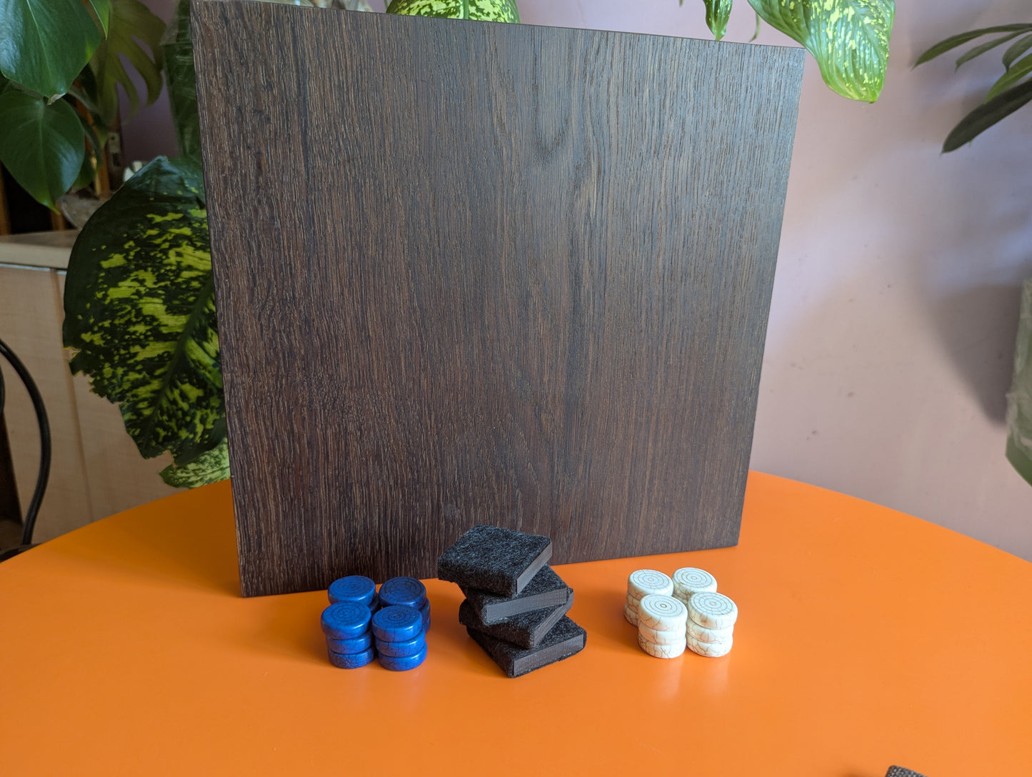 Handmade Twelve/Nine men's Morris game set. 13.5" Solid bog oak wood board