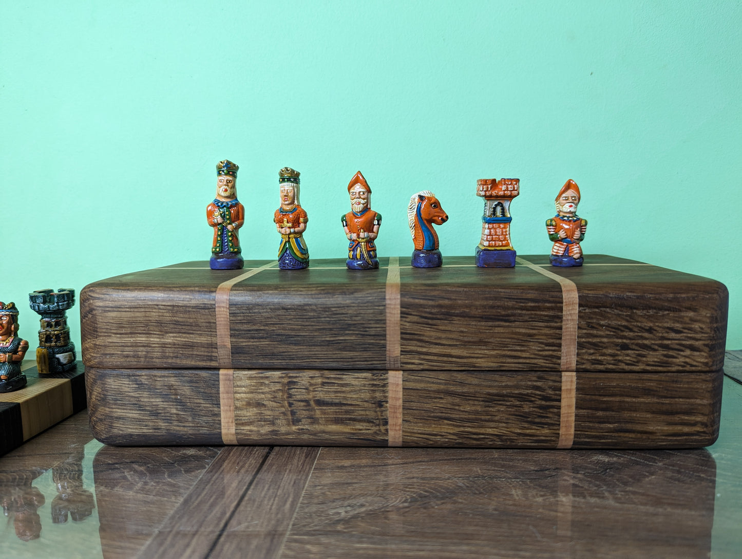 Inca vs Conquistador Chess Set in bog oak wood Cheest