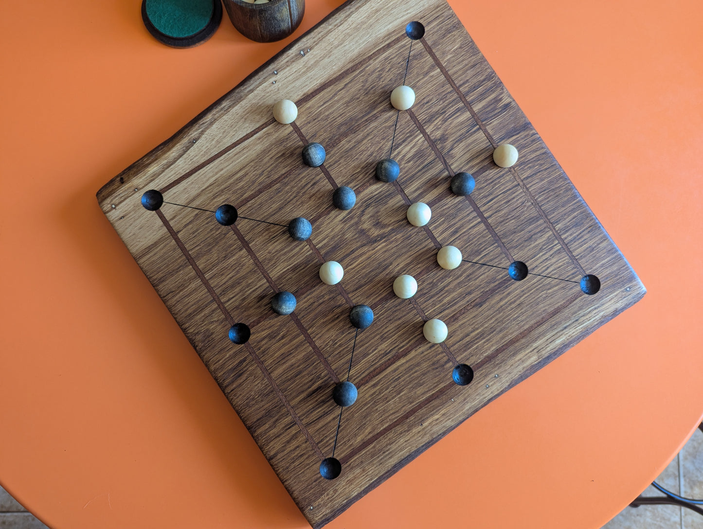 Handmade Twelve/Nine men's Morris game set. Solid oak wood board with live egde.