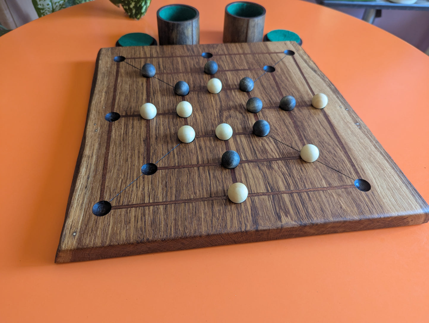Handmade Twelve/Nine men's Morris game set. Solid oak wood board with live egde.