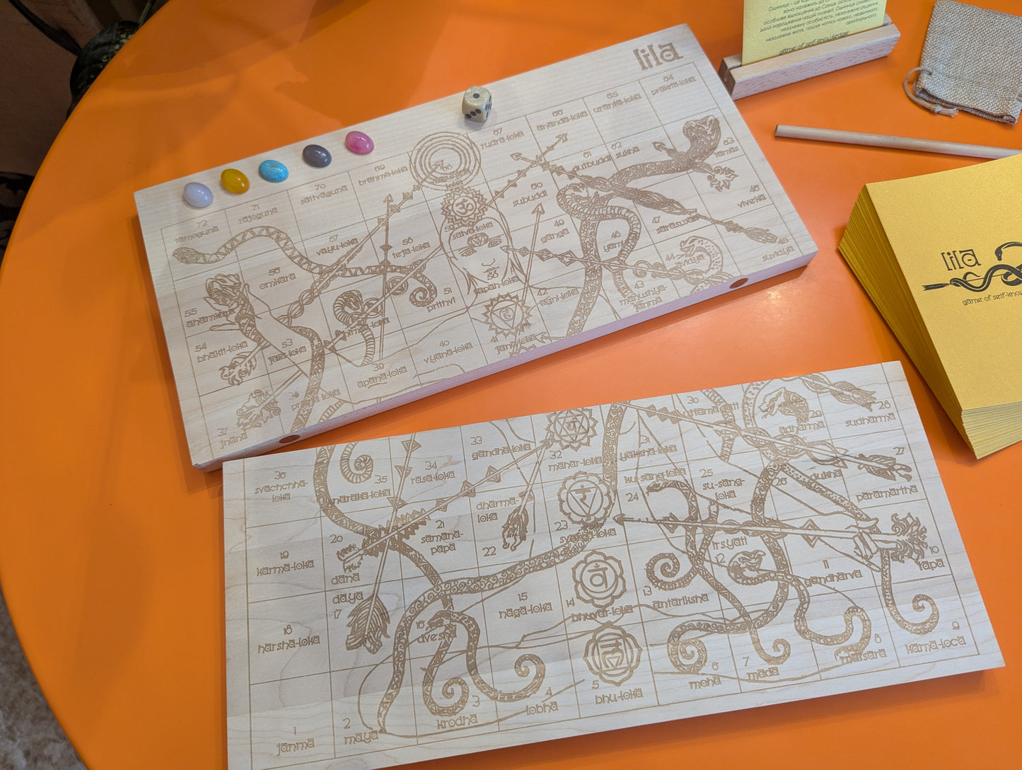 Foldable Leela game set. Wooden Yoga board game of self-knowledge.