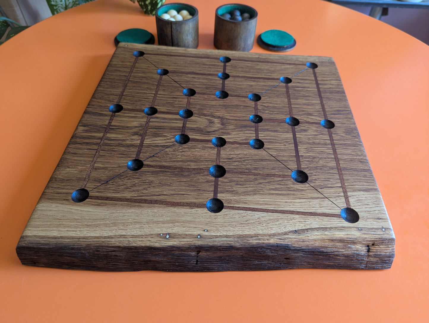 Handmade Twelve/Nine men's Morris game set. Solid oak wood board with live egde.
