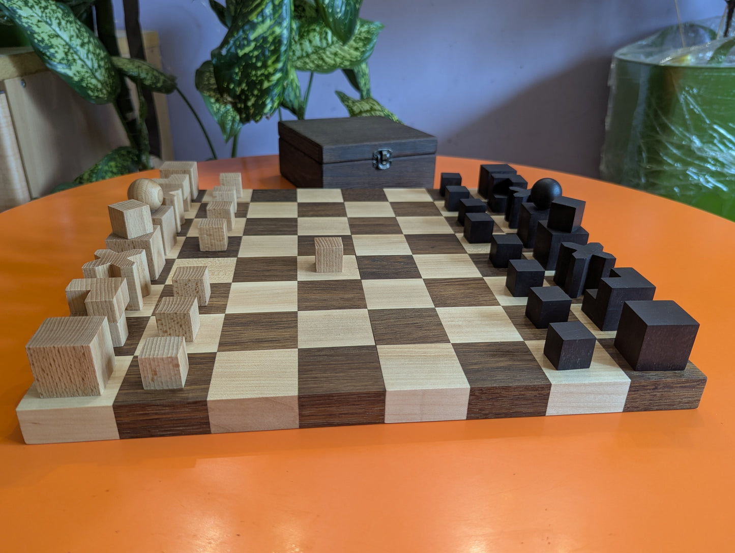 Handmade wood Bauhaus chess set
