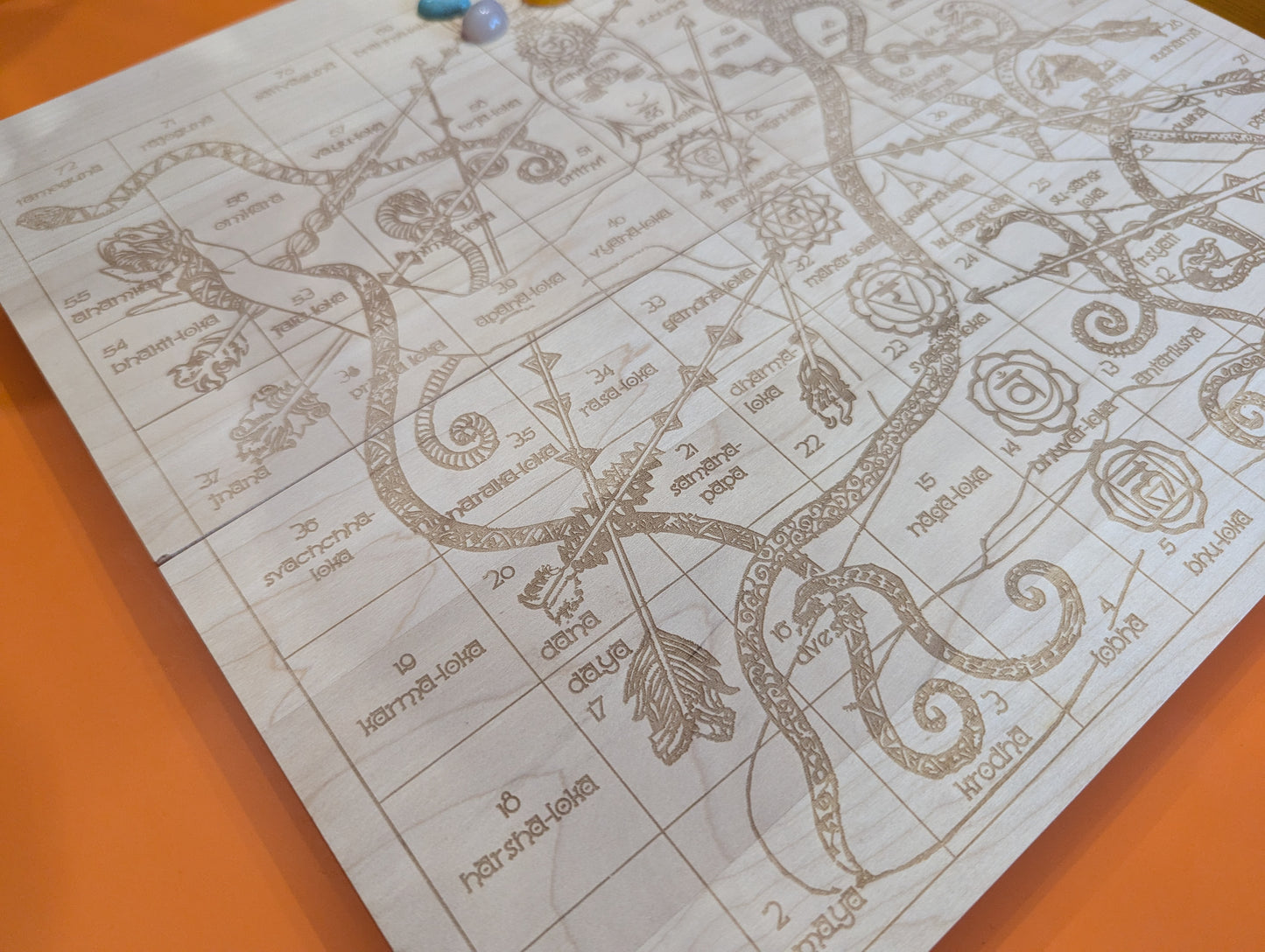 Foldable Leela game set. Wooden Yoga board game of self-knowledge.