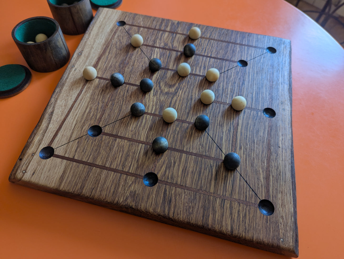 Handmade Twelve/Nine men's Morris game set. Solid oak wood board with live egde.