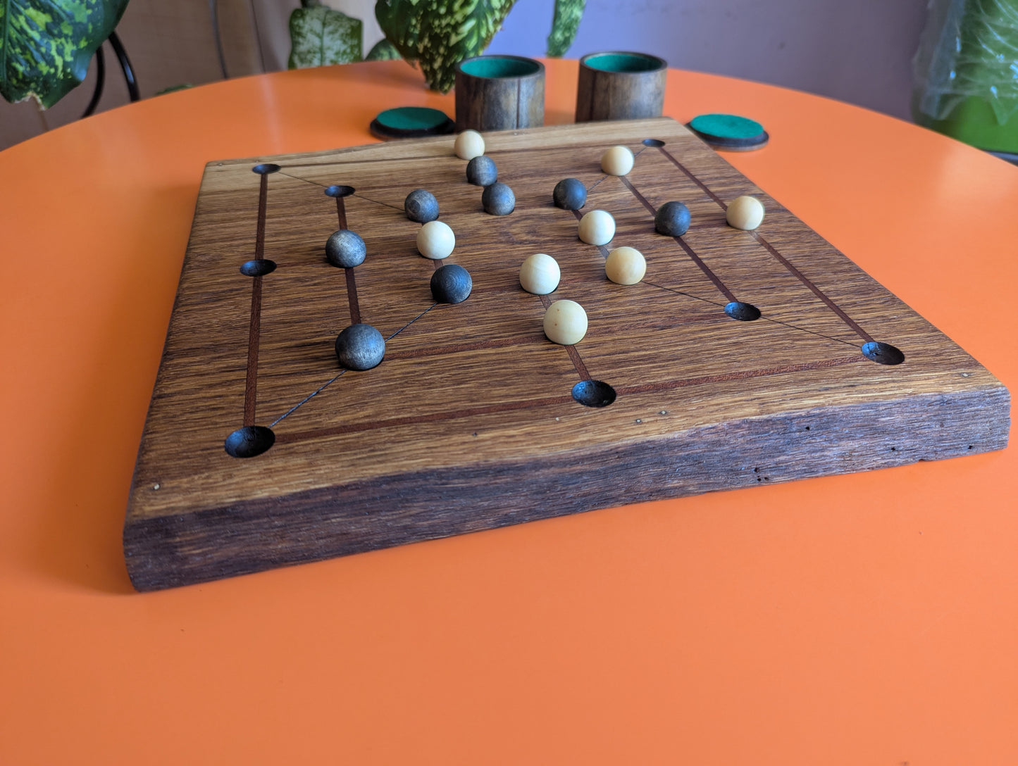 Handmade Twelve/Nine men's Morris game set. Solid oak wood board with live egde.