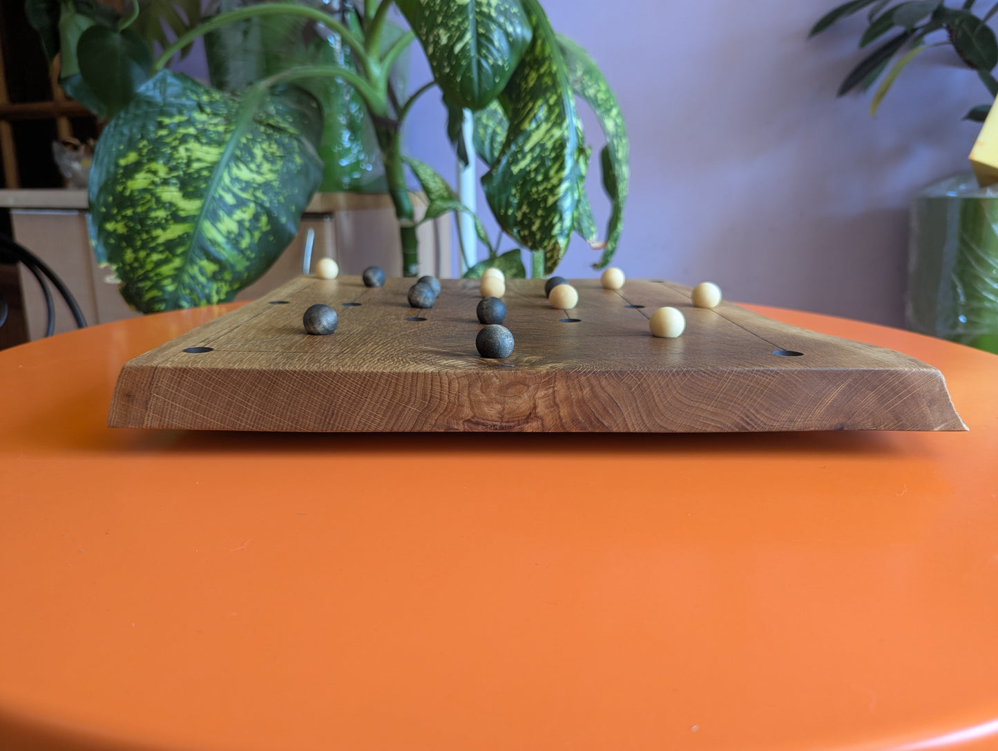 Handmade Twelve/Nine men's Morris game set. Solid elm wood board with live egde.