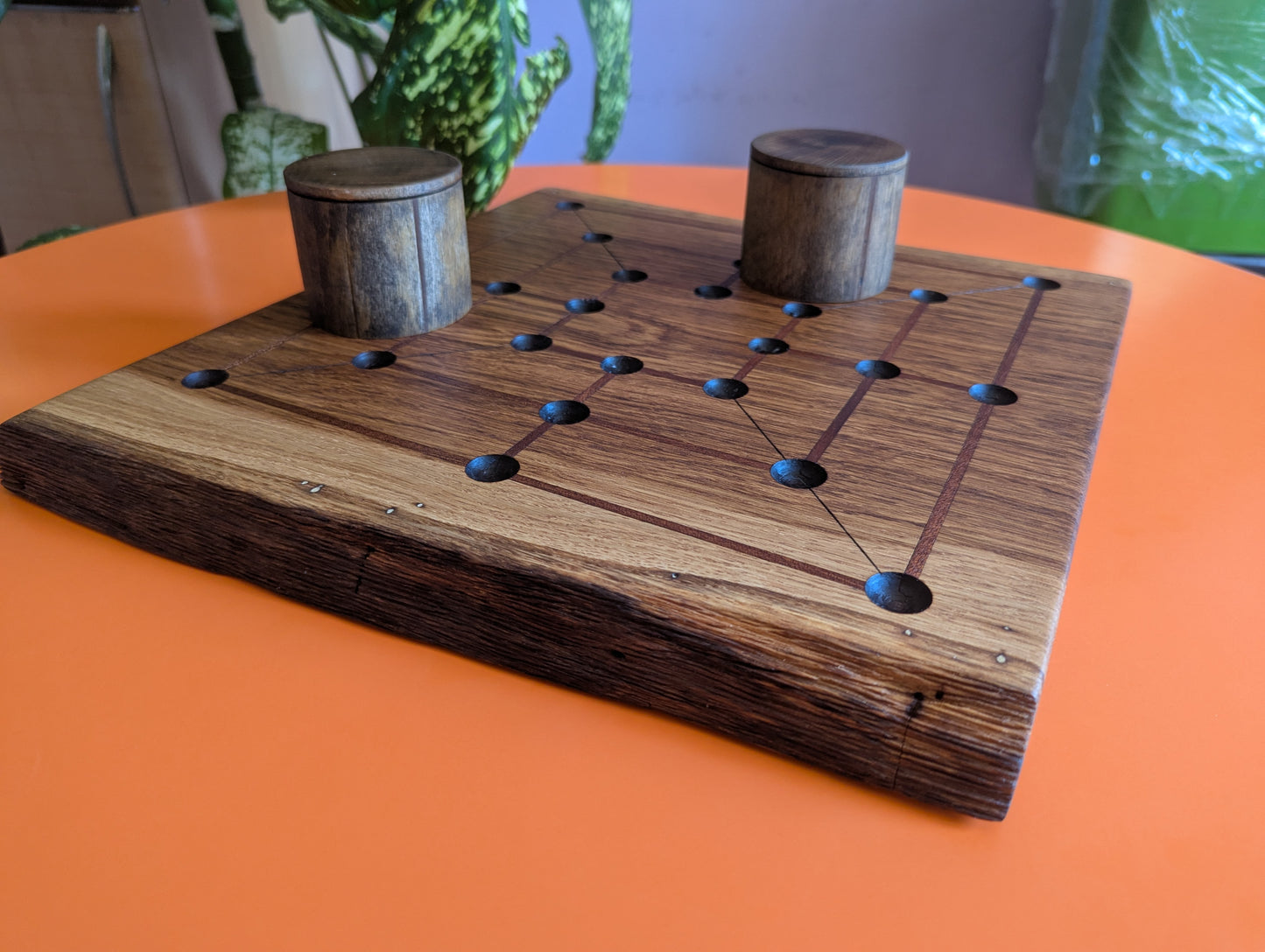Handmade Twelve/Nine men's Morris game set. Solid oak wood board with live egde.