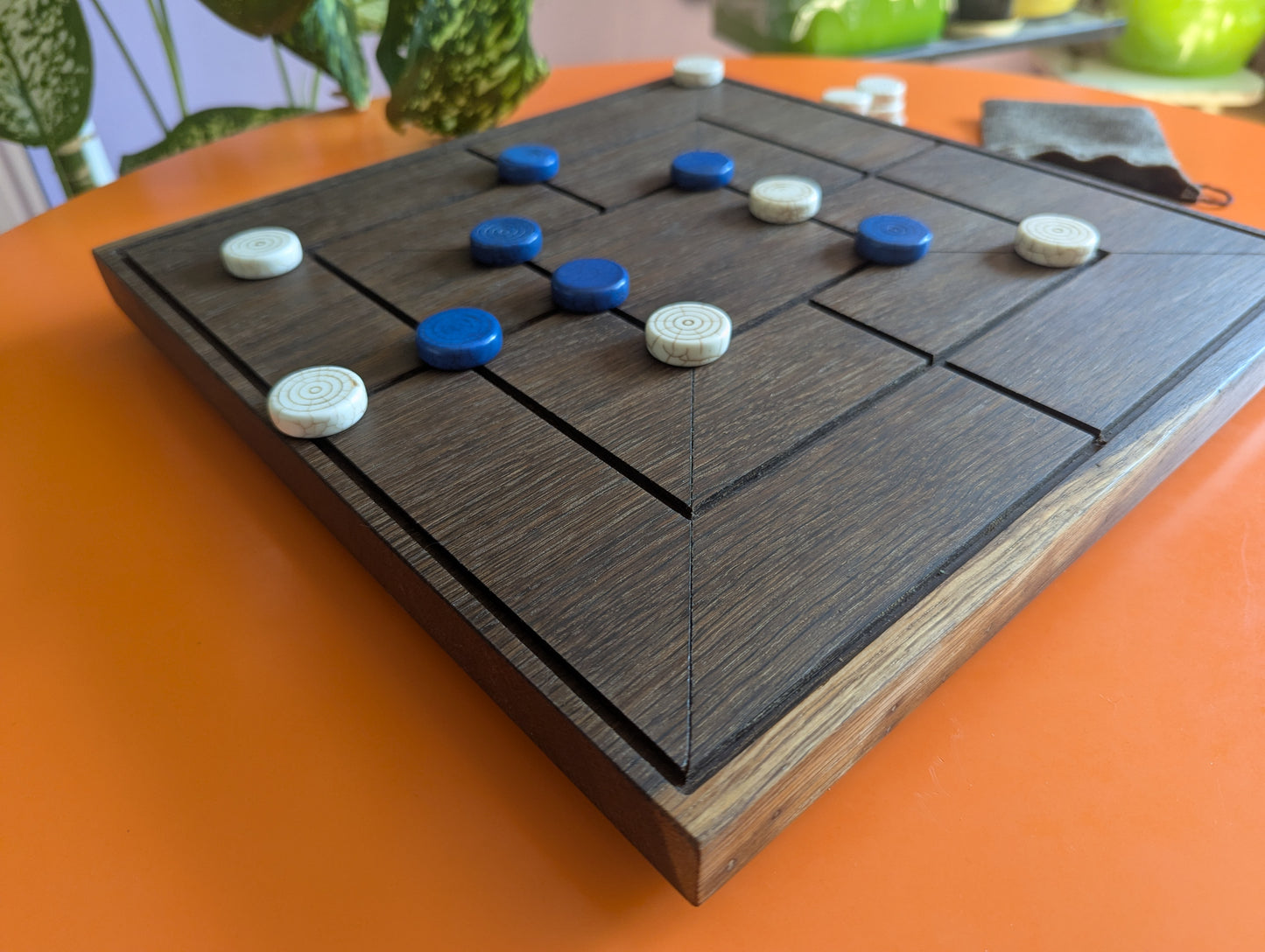 Handmade Twelve/Nine men's Morris game set. 13.5" Solid bog oak wood board