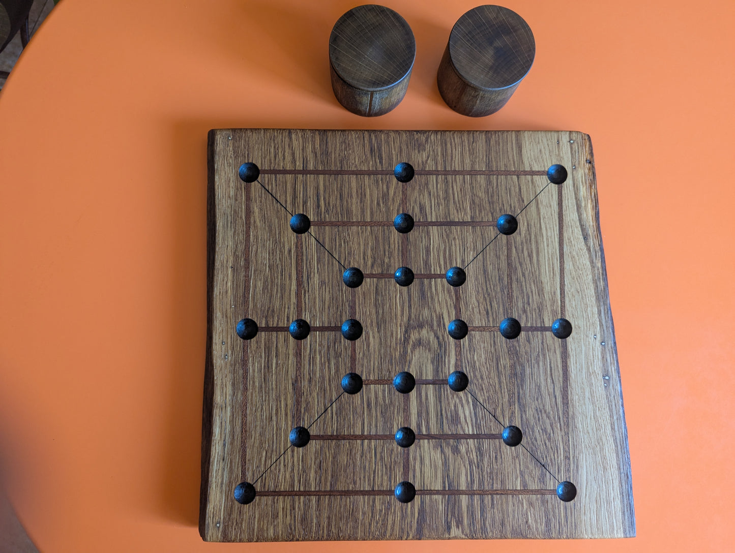 Handmade Twelve/Nine men's Morris game set. Solid oak wood board with live egde.
