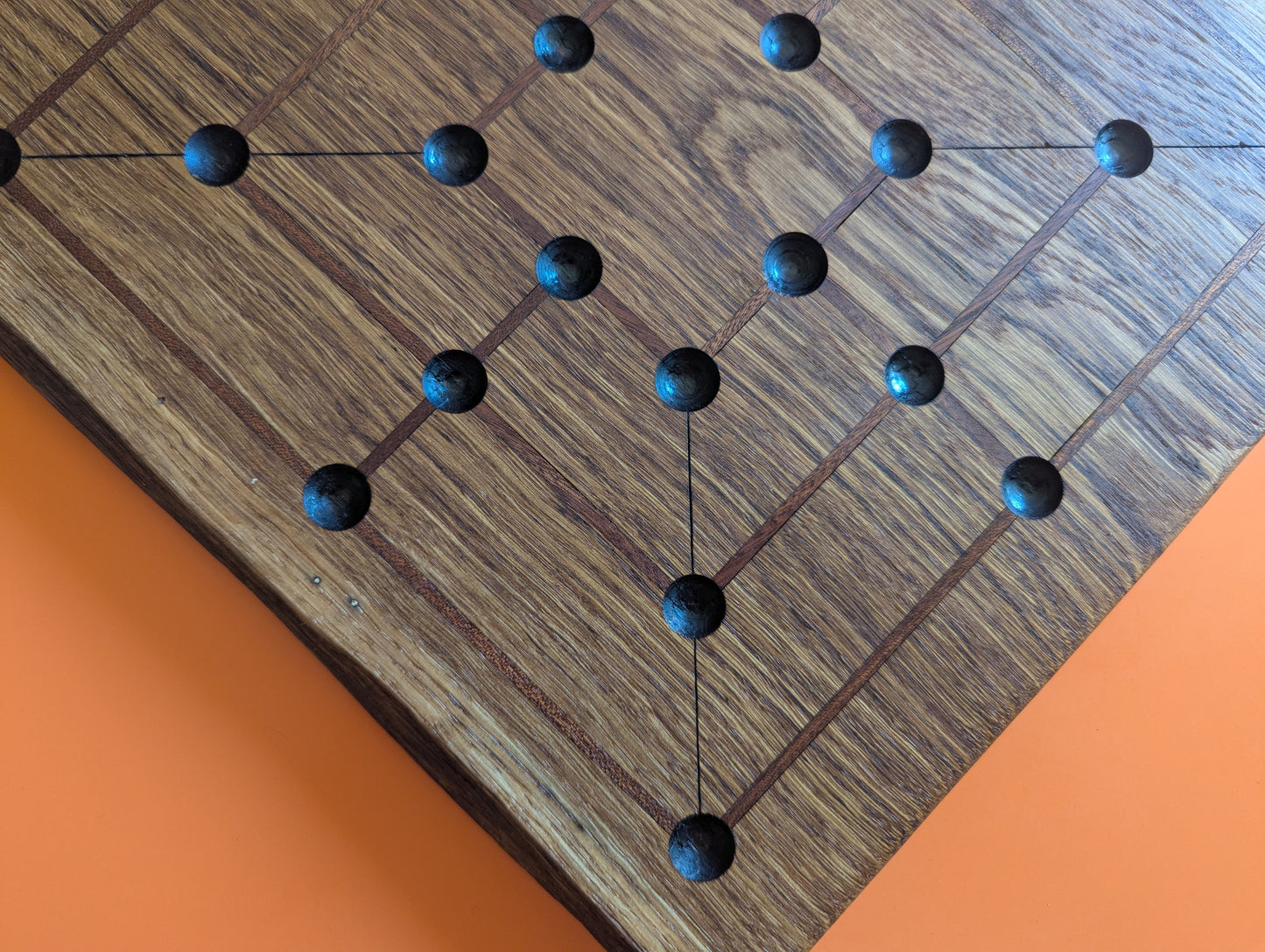 Handmade Twelve/Nine men's Morris game set. Solid oak wood board with live egde.