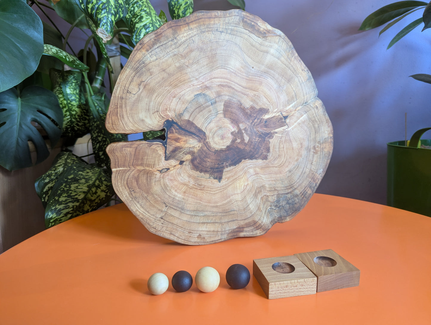 Handmade Volta game set. Circle Juniper board with live edge.
