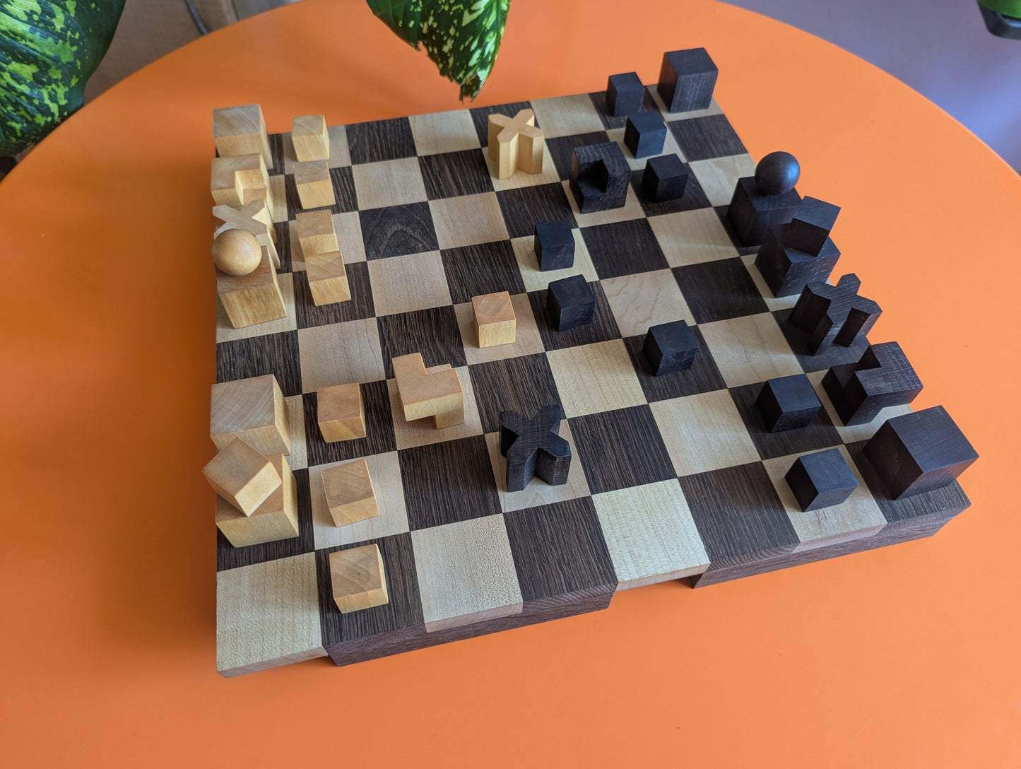 Portable Bauhaus Chess Set with Wooden Chessboard/Chessbox. Handmade.
