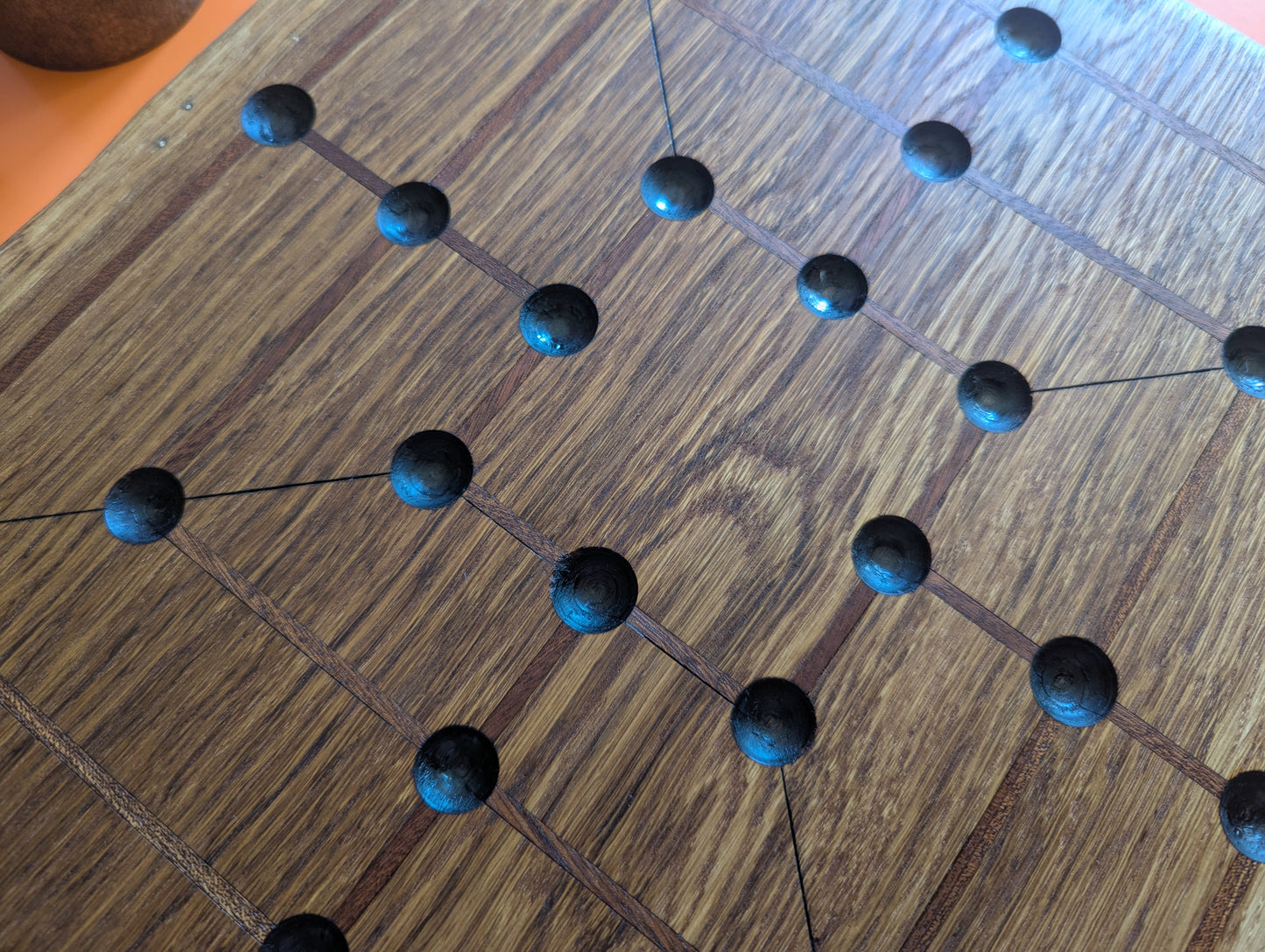 Handmade Twelve/Nine men's Morris game set. Solid oak wood board with live egde.