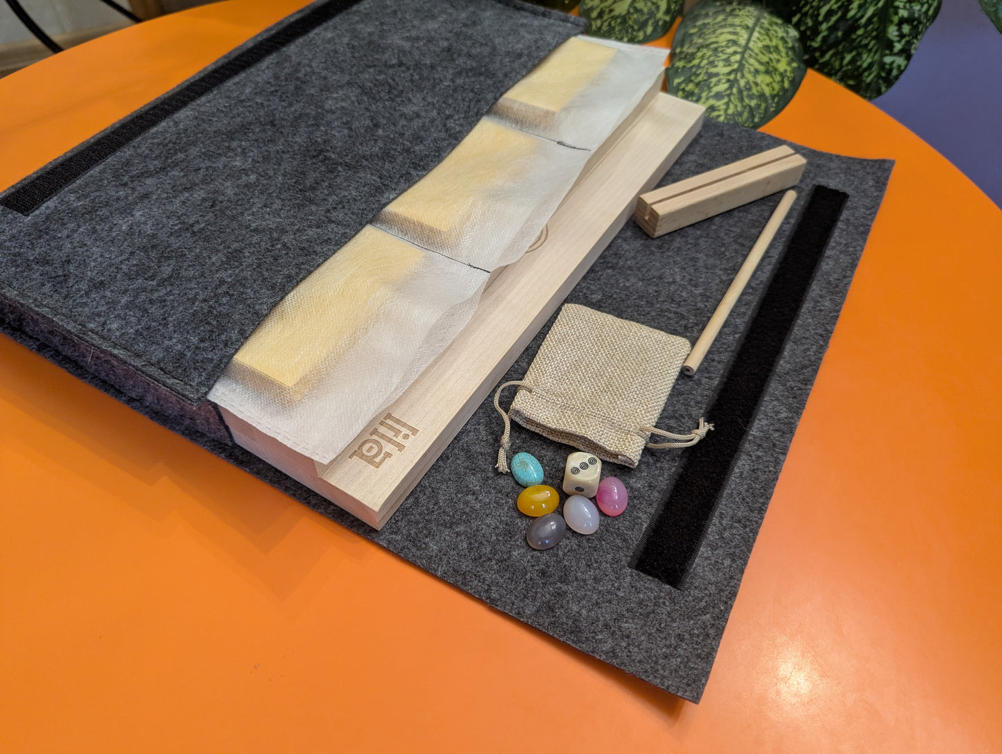 Foldable Leela game set. Wooden Yoga board game of self-knowledge.