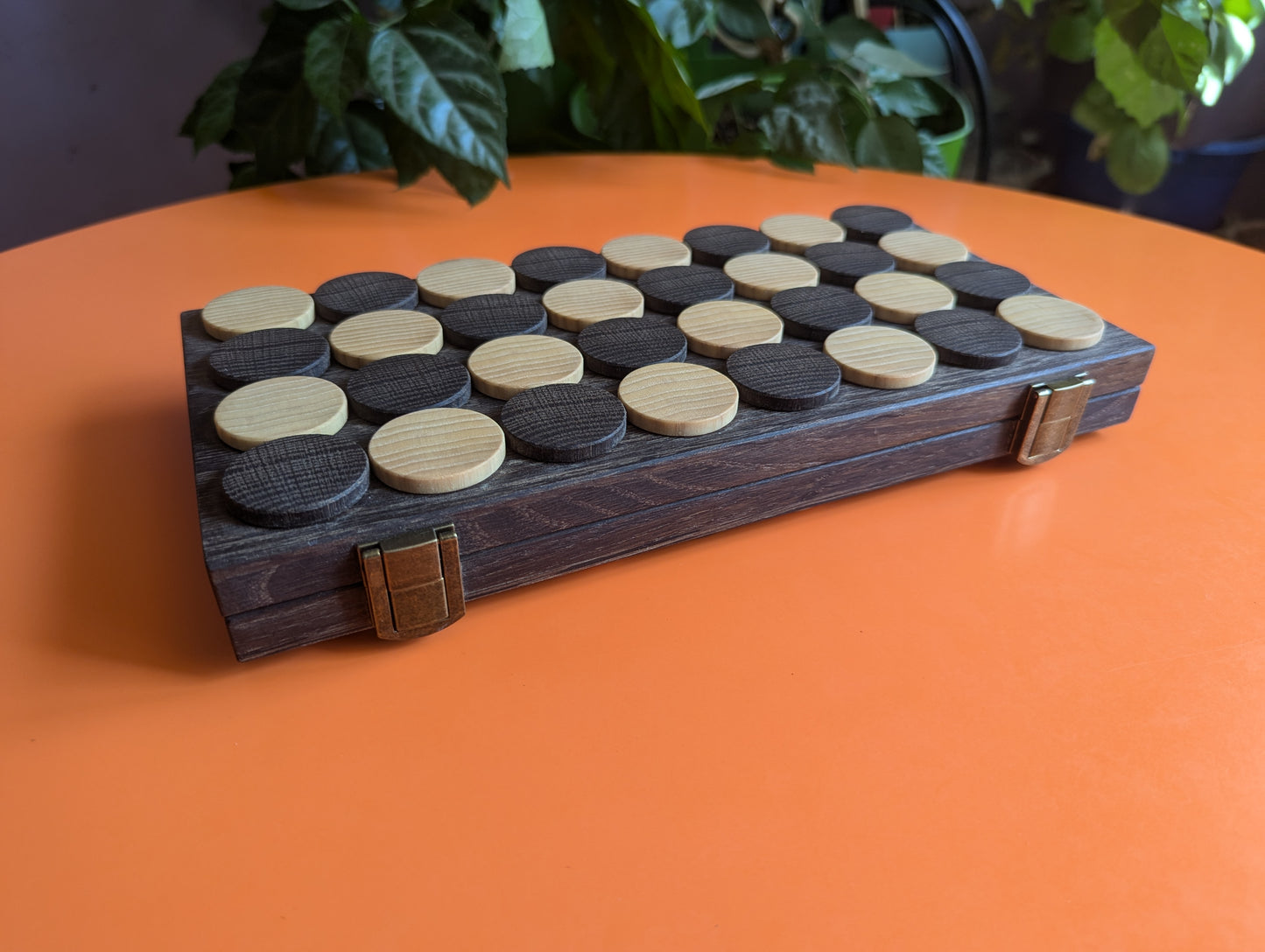 Real Madrid portable chess set. Metal chess pieces in handmade wooden box