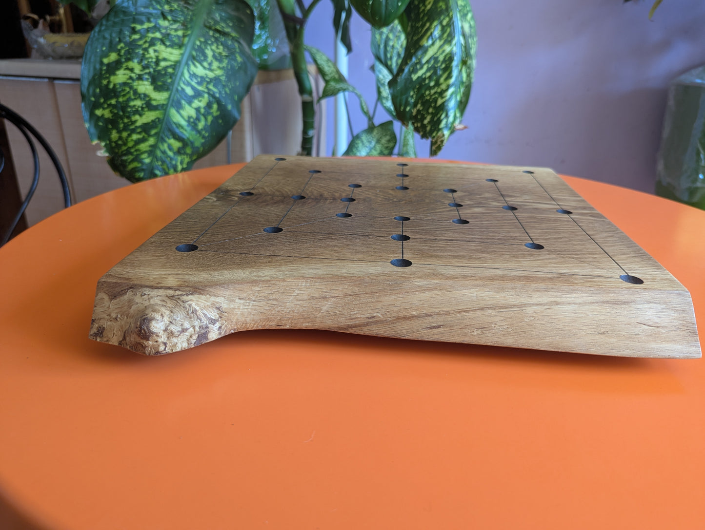 Handmade Twelve/Nine men's Morris game set. Solid elm wood board with live egde.