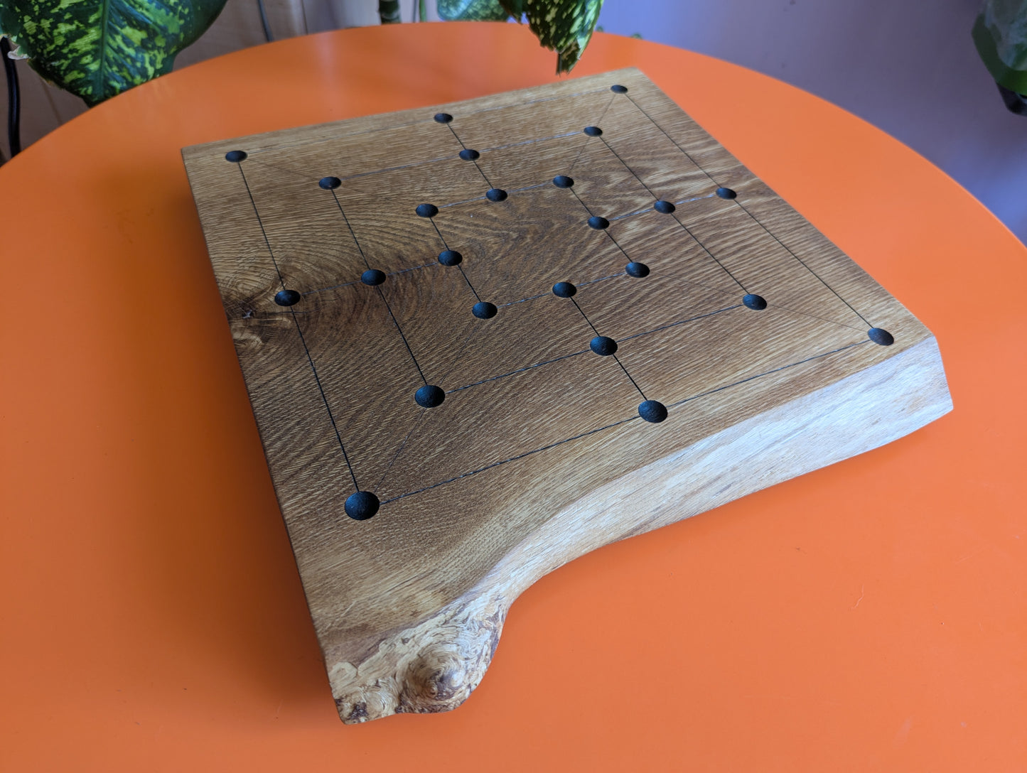 Handmade Twelve/Nine men's Morris game set. Solid elm wood board with live egde.
