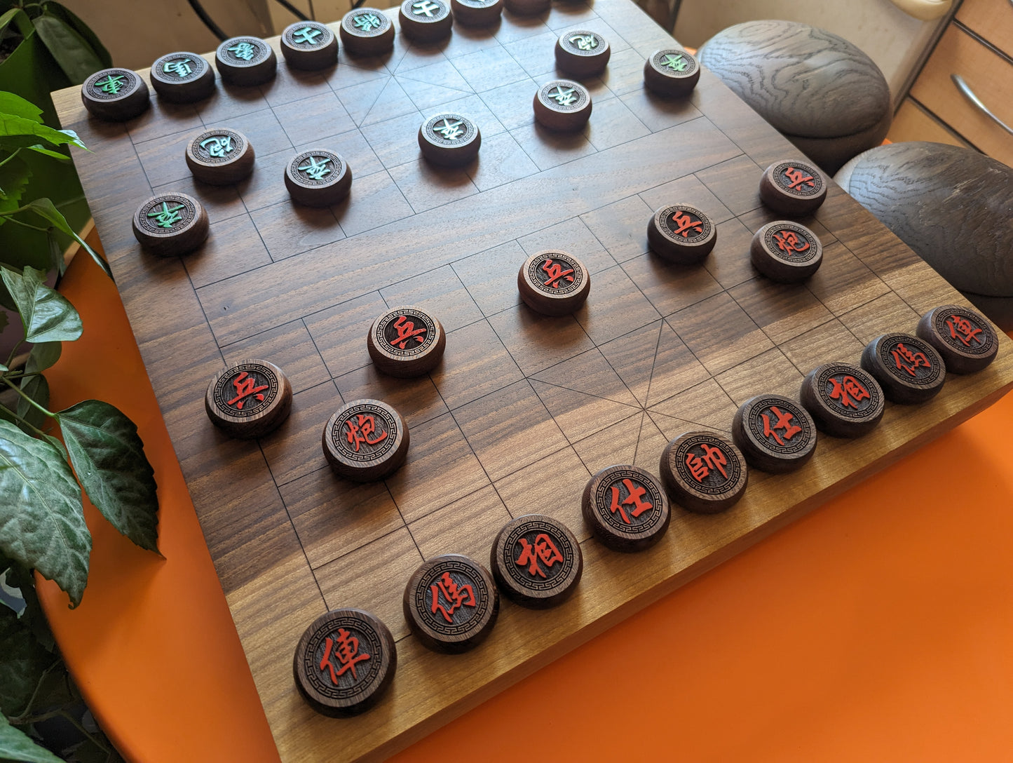 21" solid walnut Xiangqi board game set. Handmade board. Hand carved lines