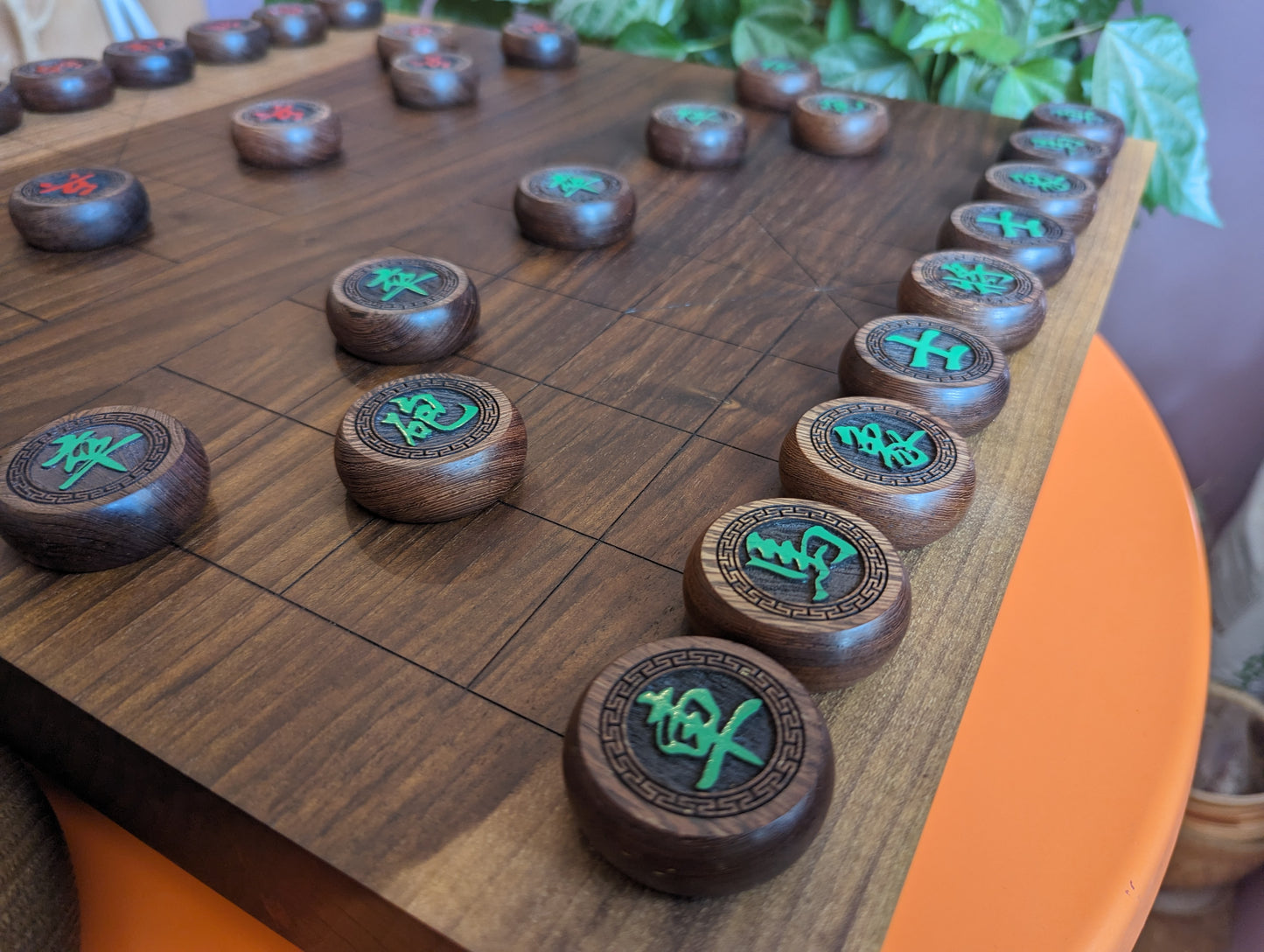 21" solid walnut Xiangqi board game set. Handmade board. Hand carved lines