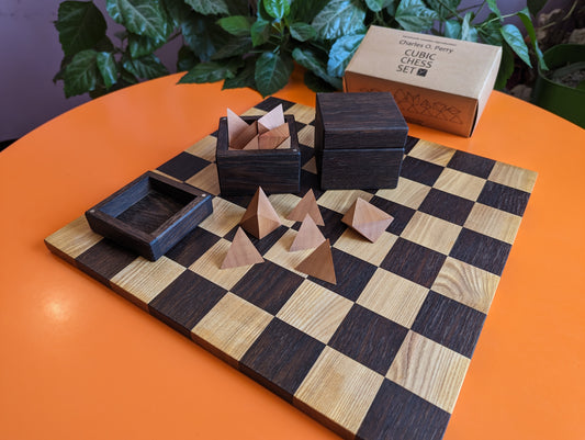 Cubic Chess Set by Charles O. Perry. Handmade wooden reproduction