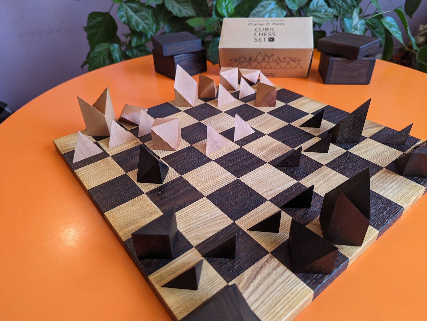 Cubic Chess Set by Charles O. Perry. Handmade wooden reproduction