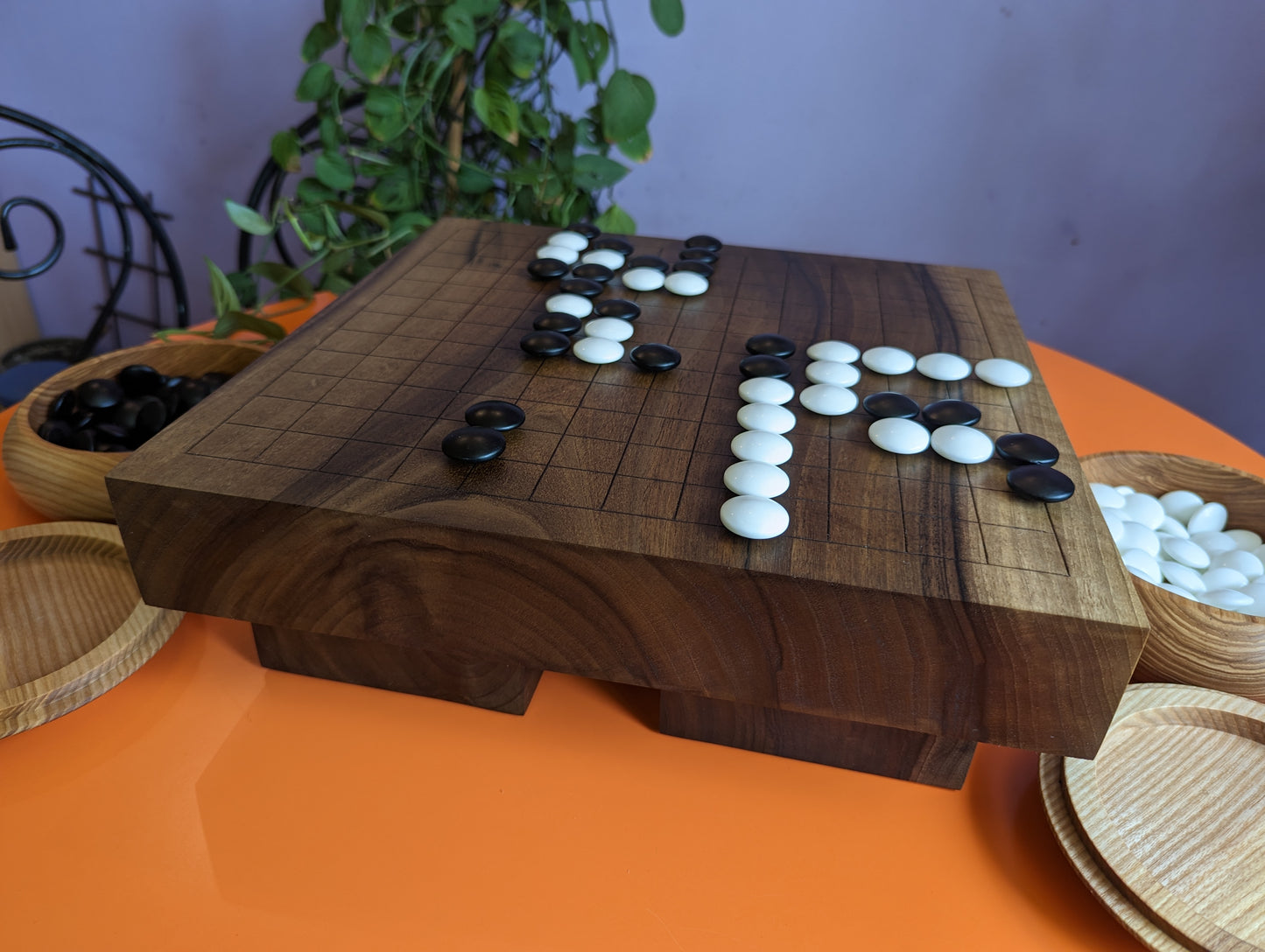 13x13 solid Walnut game Go board. Hand carved lines