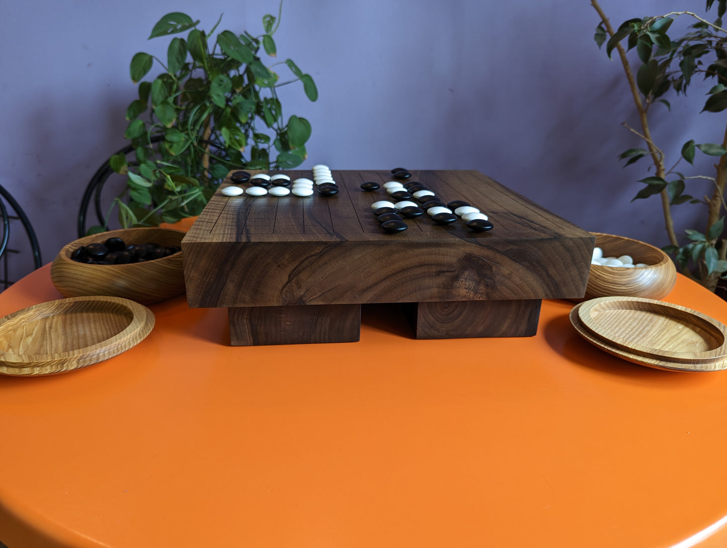 13x13 solid Walnut game Go board. Hand carved lines