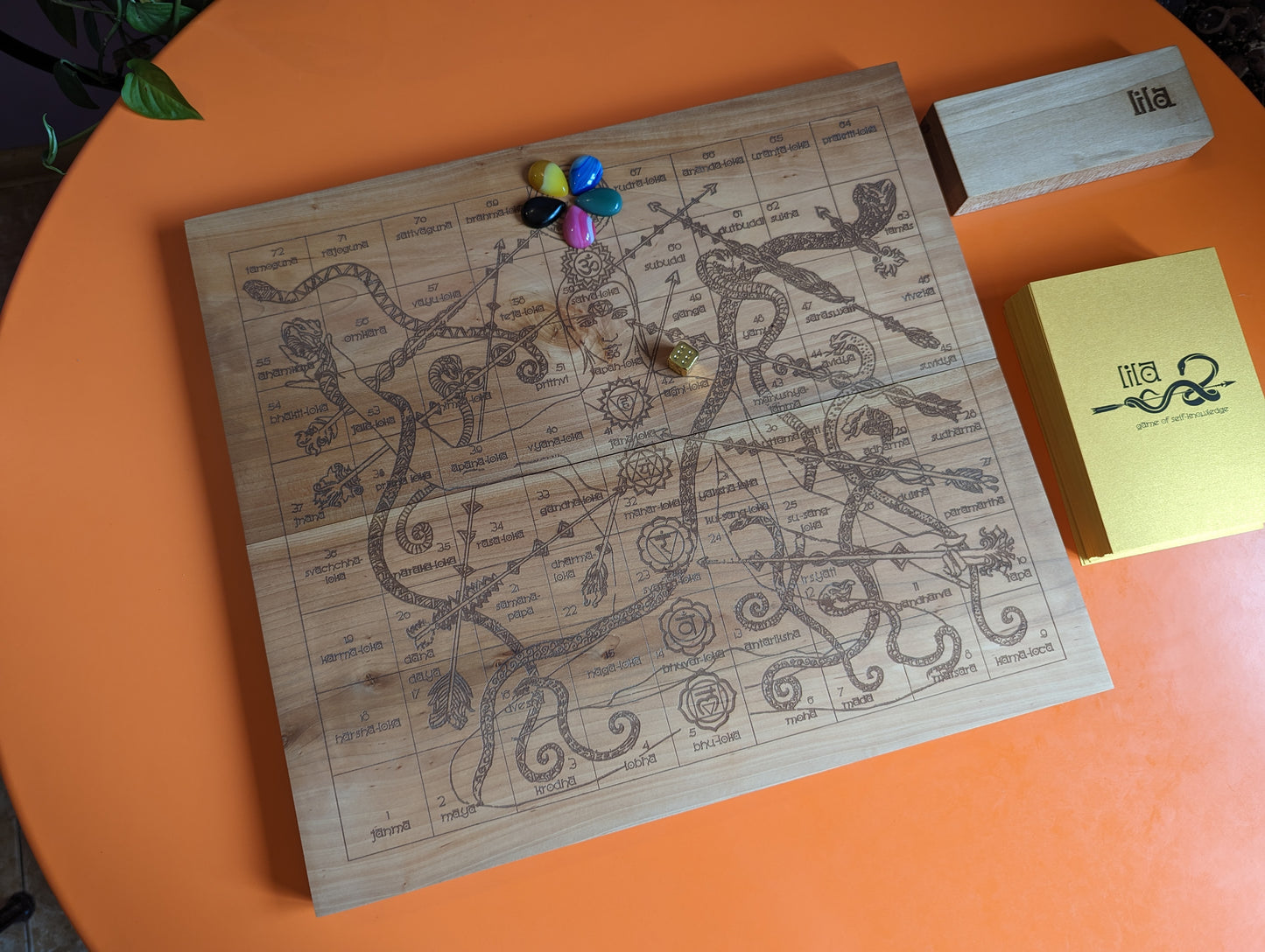 Foldable solid pear Leela game set. Wooden Yoga board game of self-knowledge.