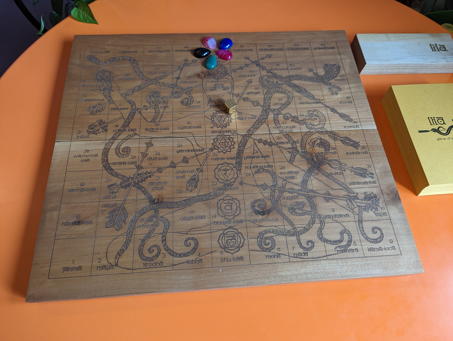 Foldable solid pear Leela game set. Wooden Yoga board game of self-knowledge.