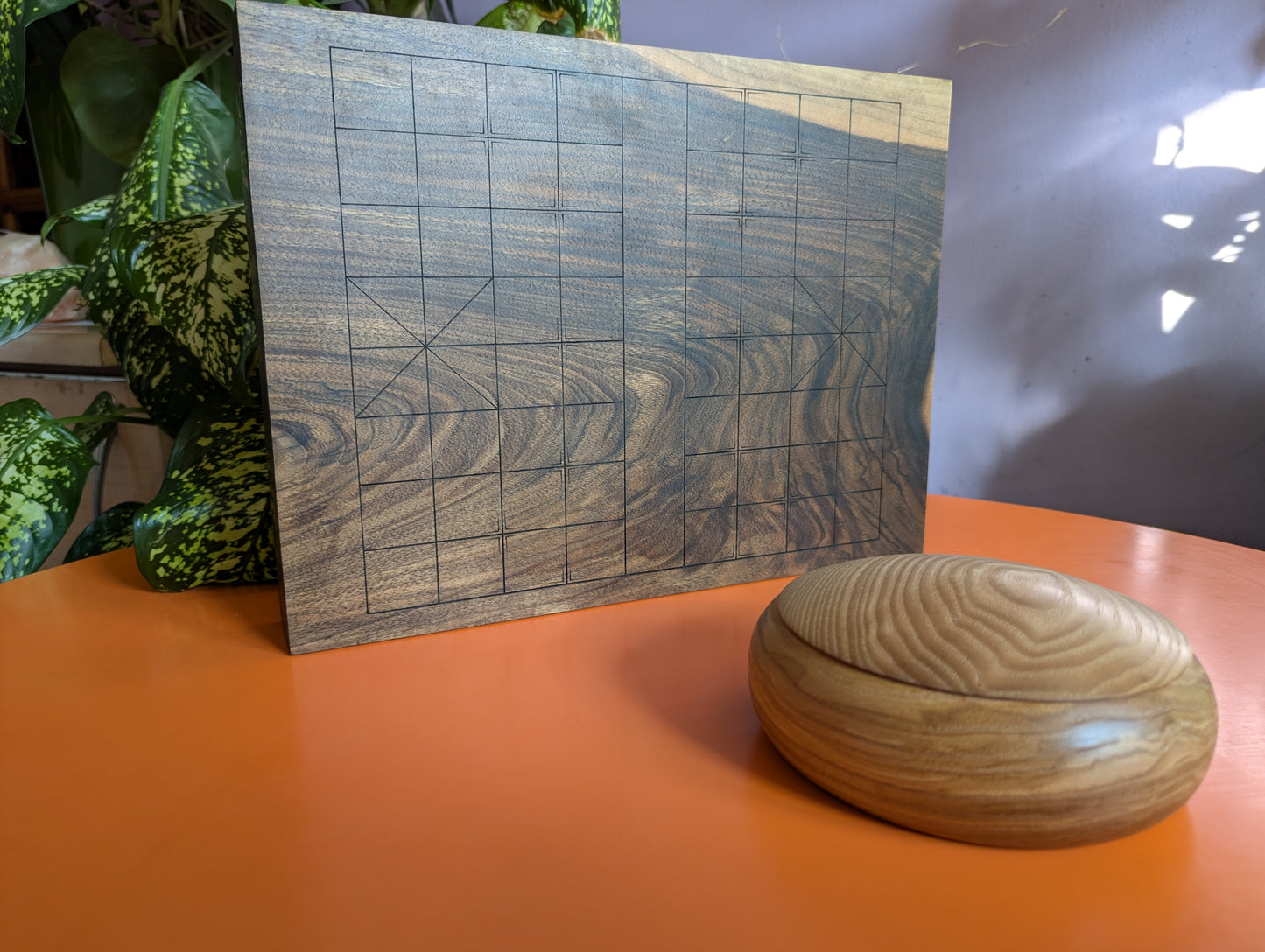 Solid walnut Xiangqi game set. Hand carved lines
