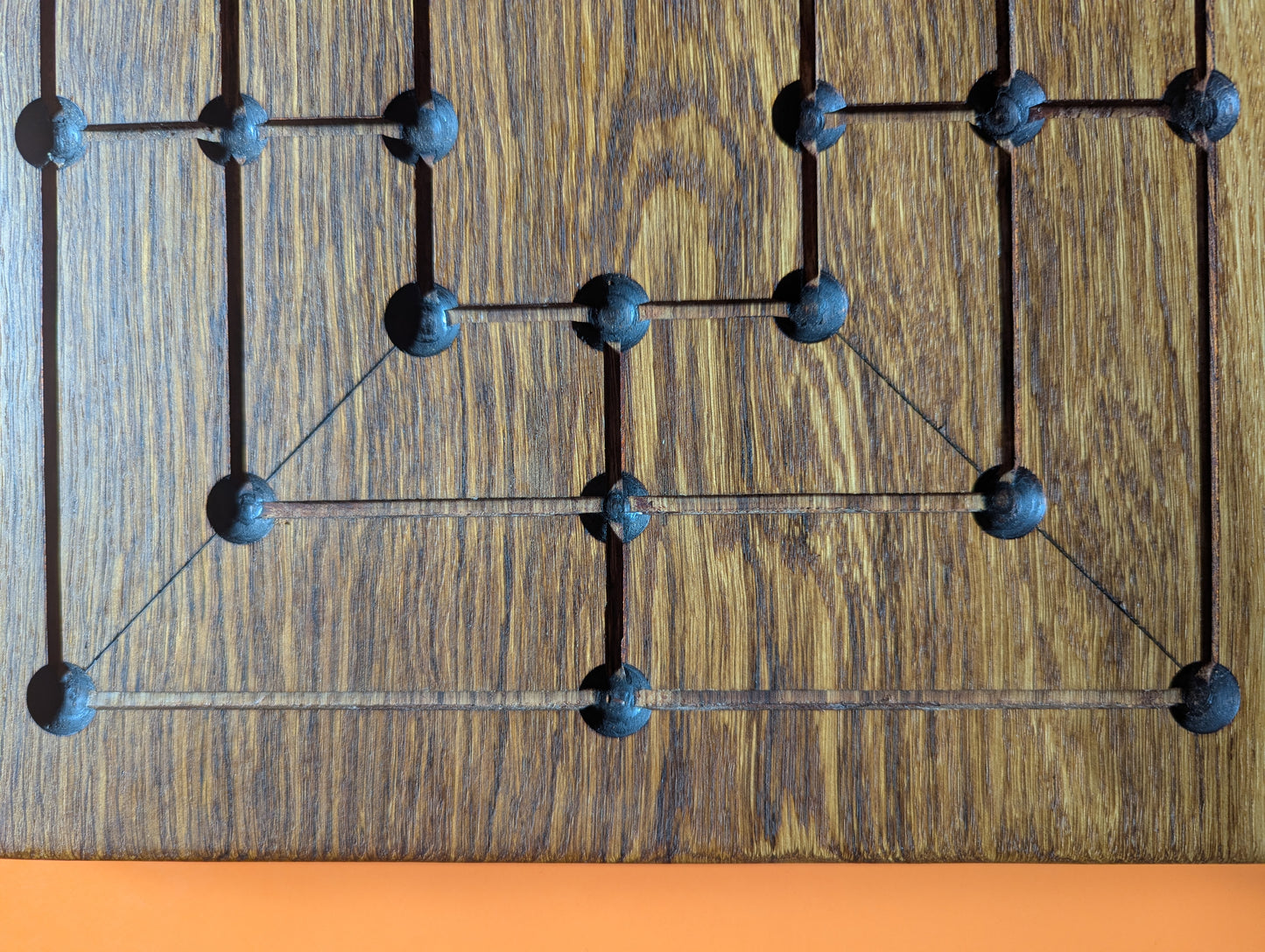Handmade Twelve/Nine men's Morris game set. Solid oak wood board with live egde.