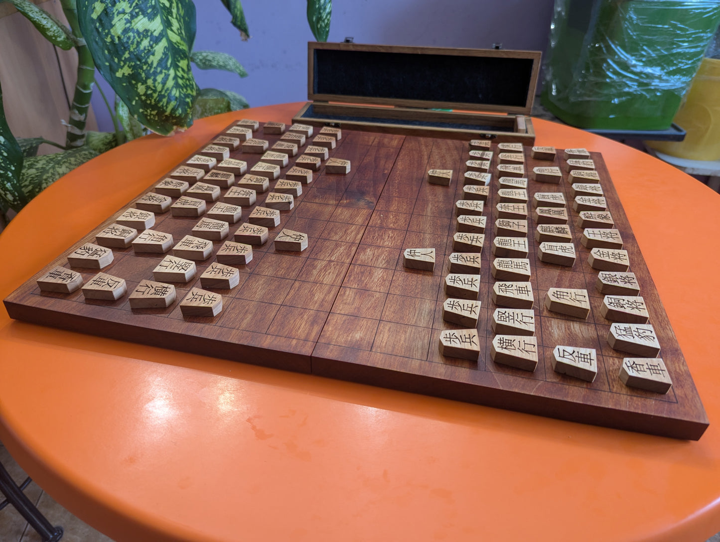 Foldable Chu Shogi game set. Handmade solid walnut Middle Shogi with thick maple pieces