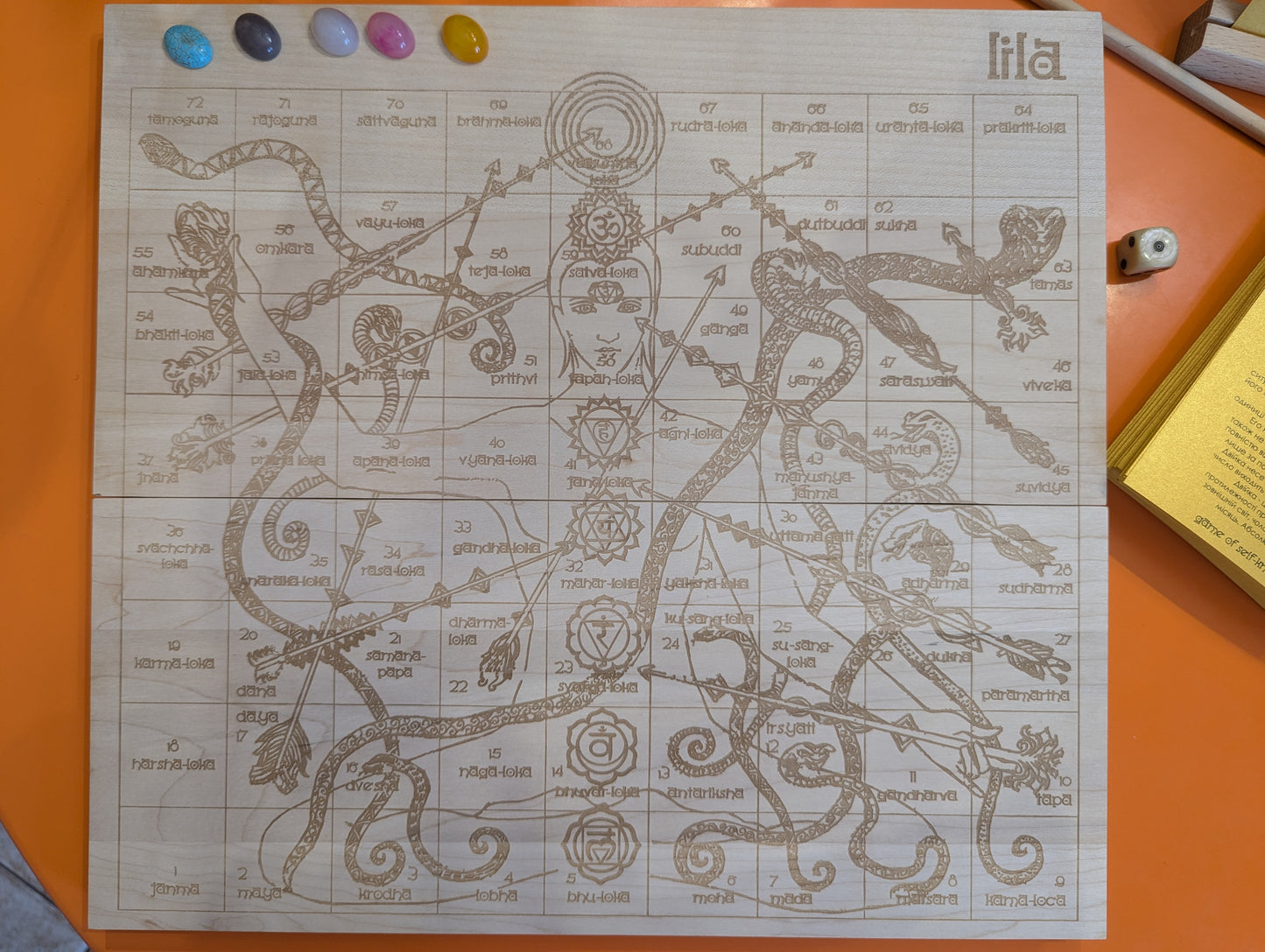 Foldable Leela game set. Wooden Yoga board game of self-knowledge.