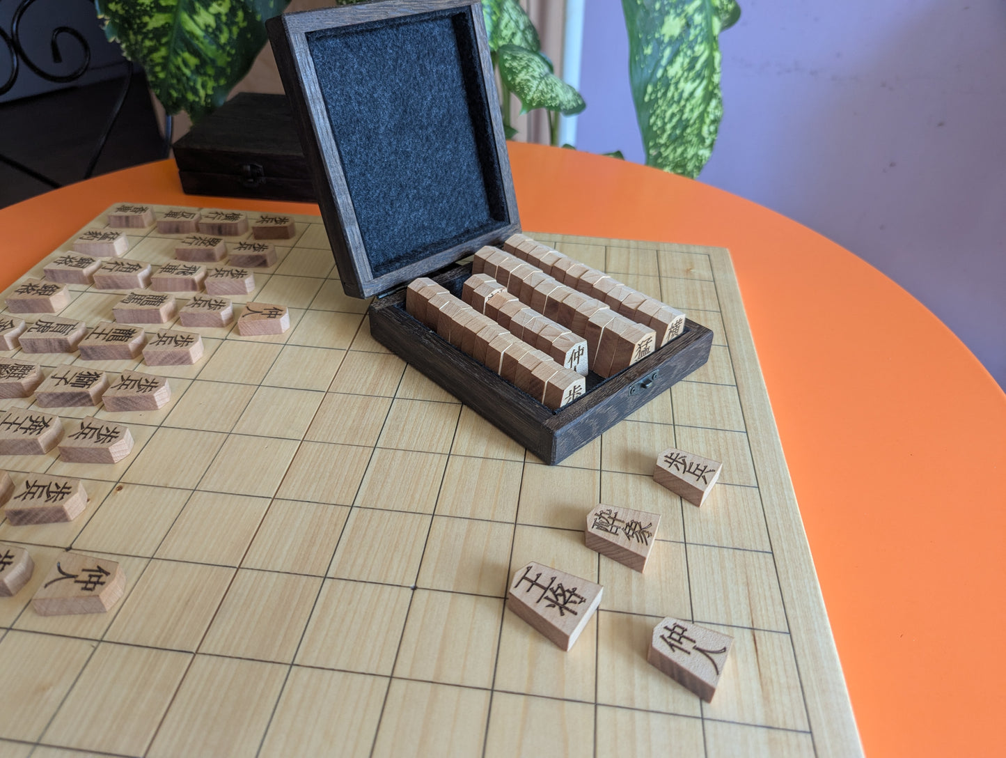 Foldable Chu Shogi game set. Handmade solid walnut Middle Shogi with thick maple pieces