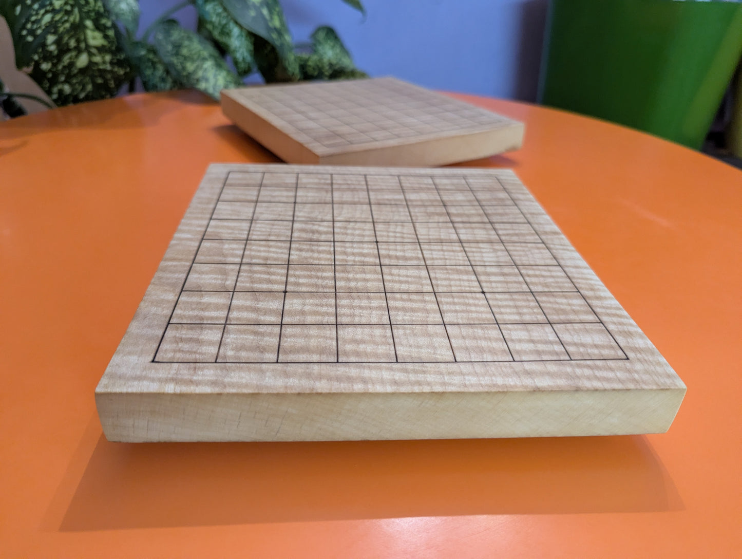 Solid maple 9x9 Goban with wave grain wood. Hand carved game Go board.