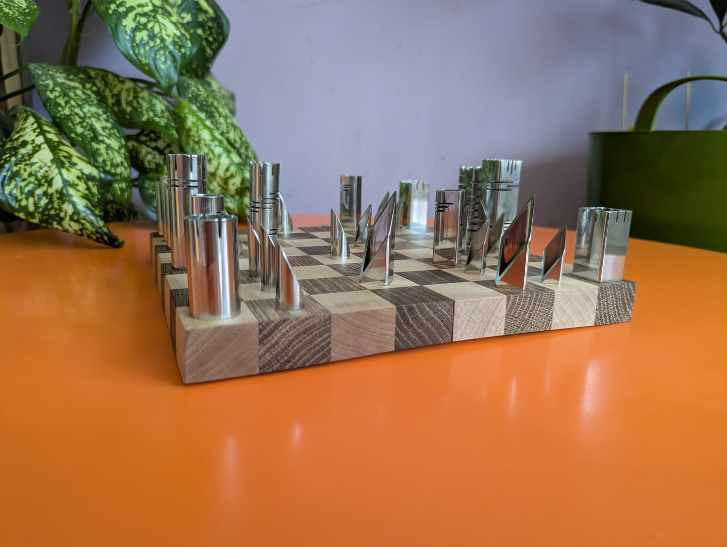 Compact Foldable Stainless Steel Chess Set with Wooden Chessboard/box. Handmade.