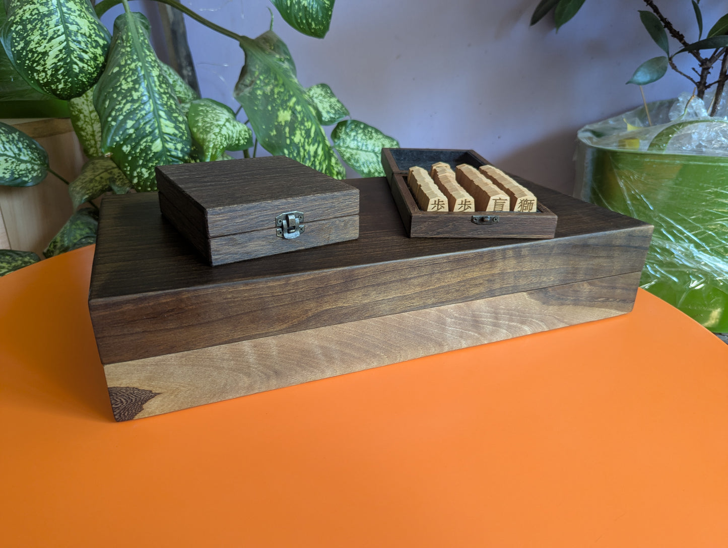 Chu Shogi game set. Foldable Handmade solid walnut Middle Shogi with thick maple pieces. Traditional Japanese games.