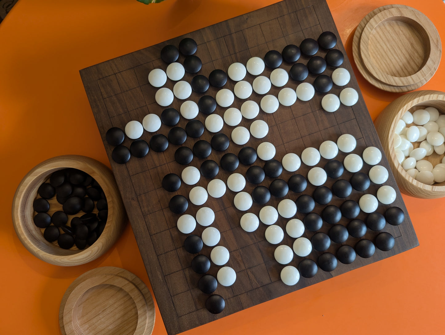 13x13 solid Walnut game Go board. Hand carved lines