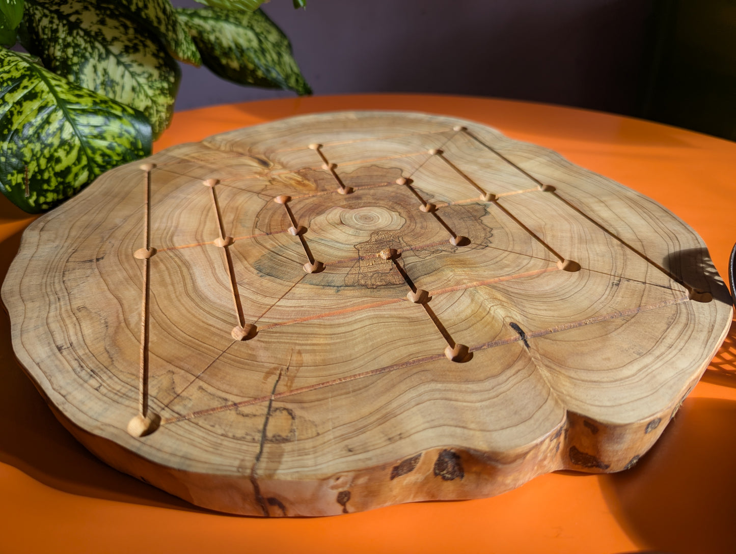 Handmade Twelve/Nine men's Morris game set. Circle Juniper wood board with live egde.