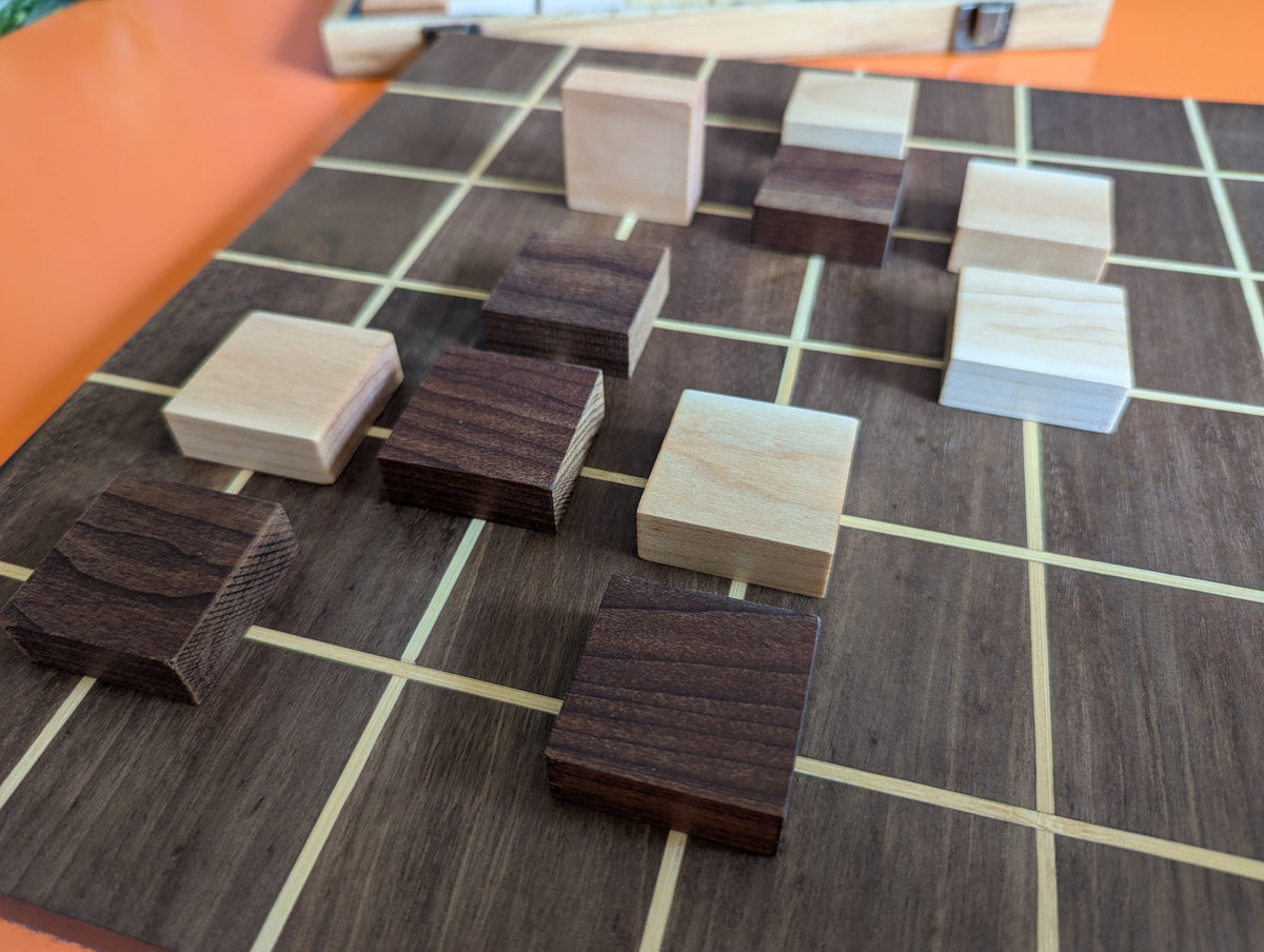 Foldable wooden Tak game set. 14" Walnut wood board
