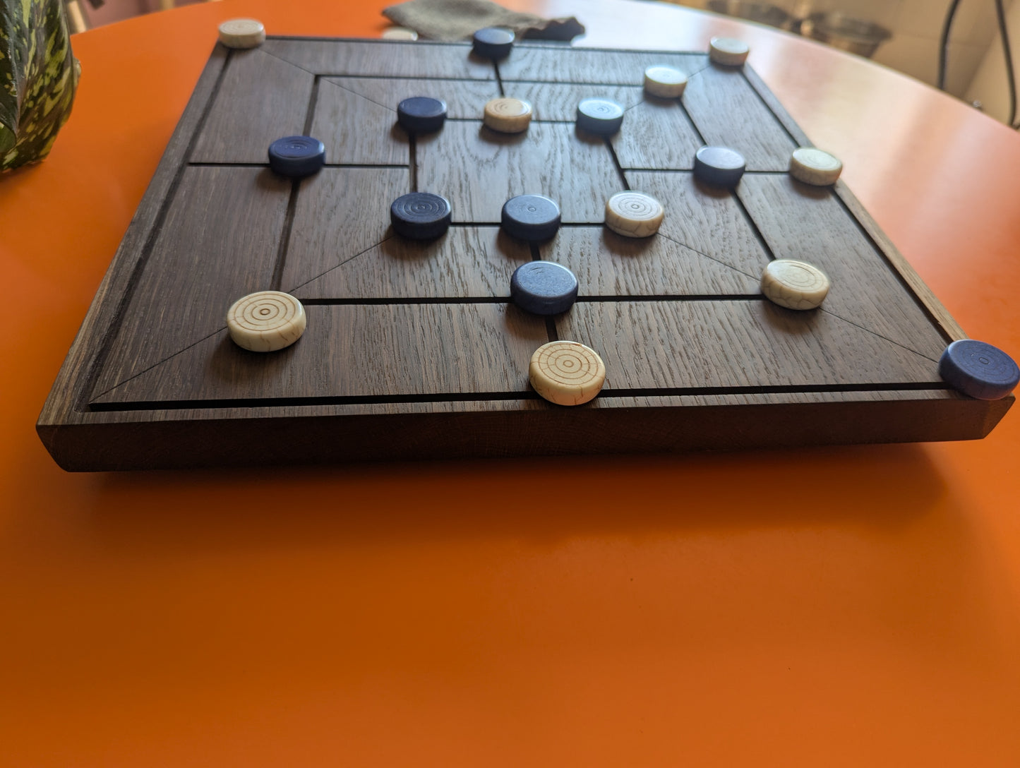 Handmade Twelve/Nine men's Morris game set. 13.5" Solid bog oak wood board
