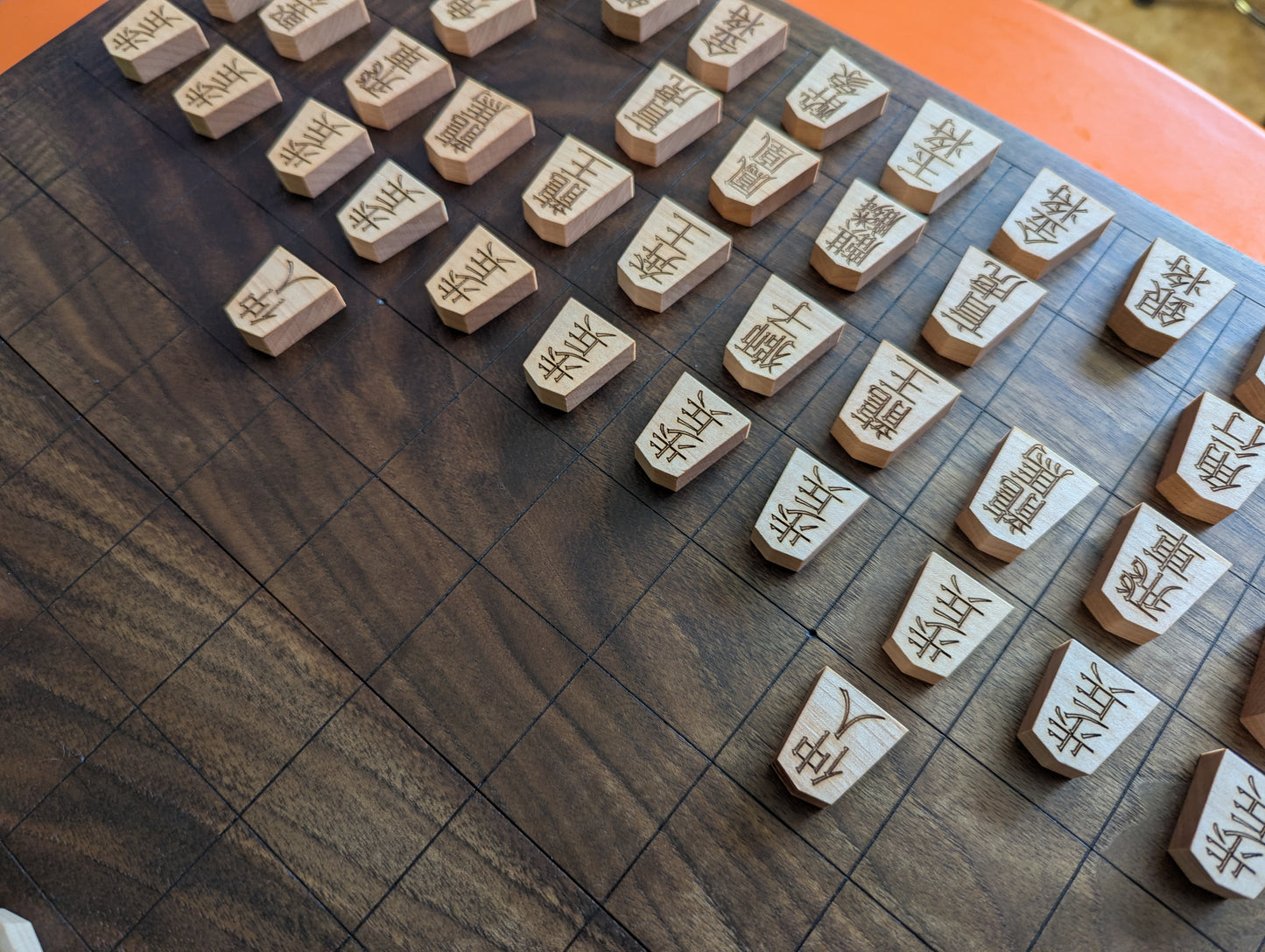 Chu Shogi game set. Foldable Handmade solid walnut Middle Shogi with thick maple pieces. Traditional Japanese games.