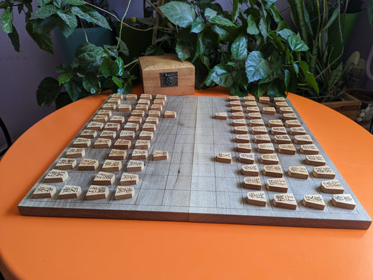 Foldable Chu Shogi game set. Handmade solid light walnut Middle Shogi with thick maple pieces