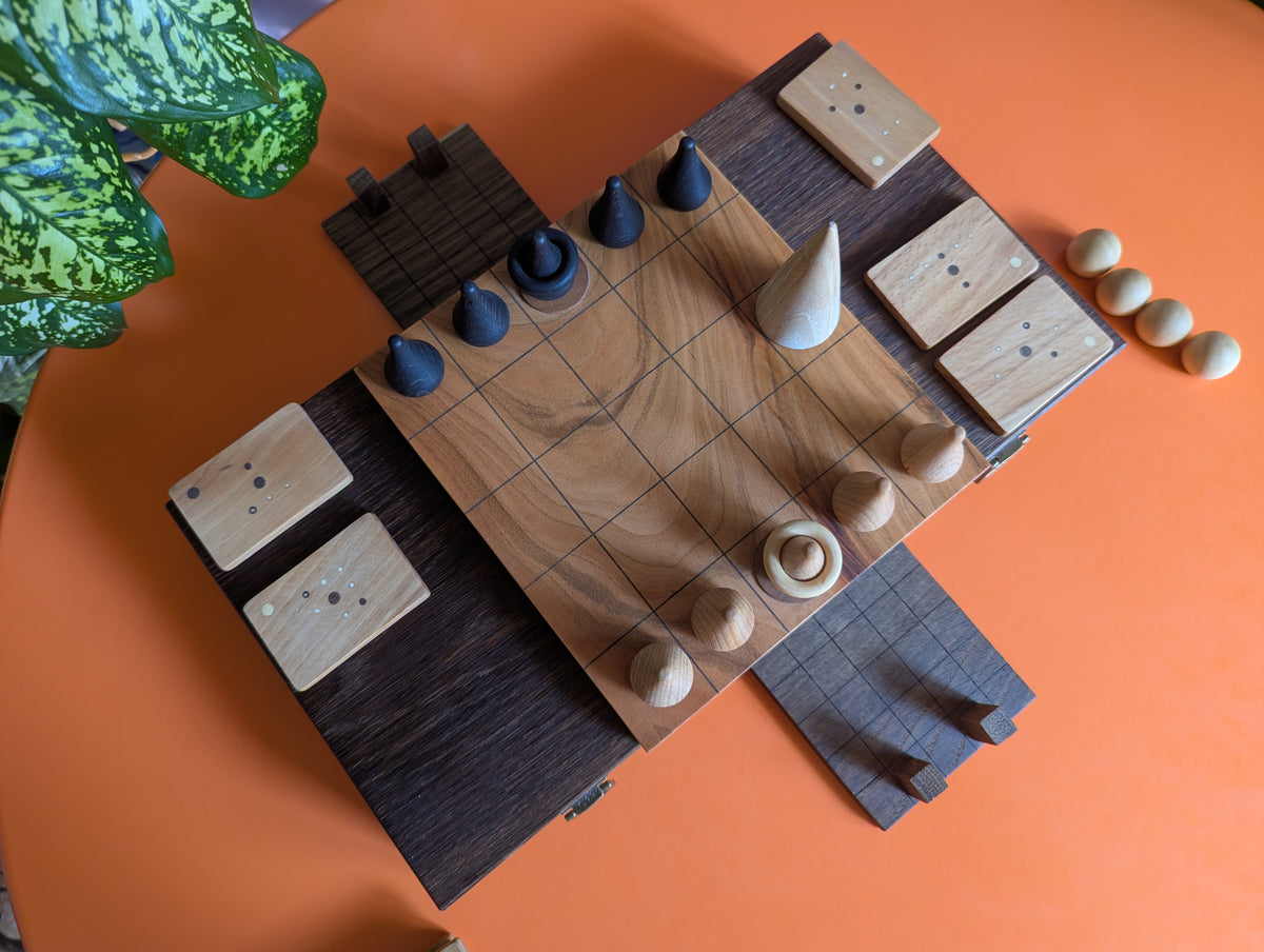 Wooden Onitama game set. Hardwood wood tiles. Martial arts game.