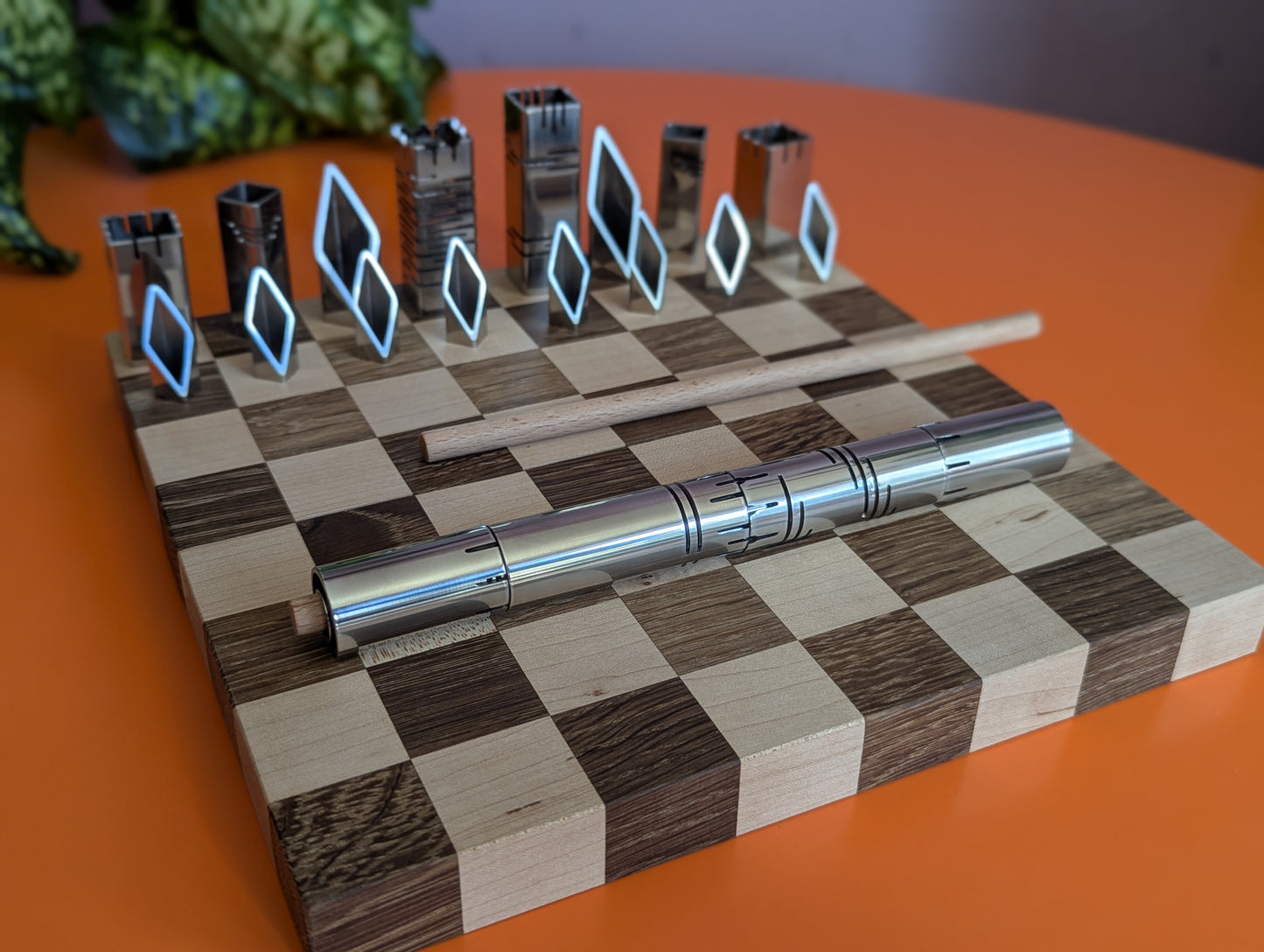 Compact Foldable Stainless Steel Chess Set with Wooden Chessboard/box. Handmade.