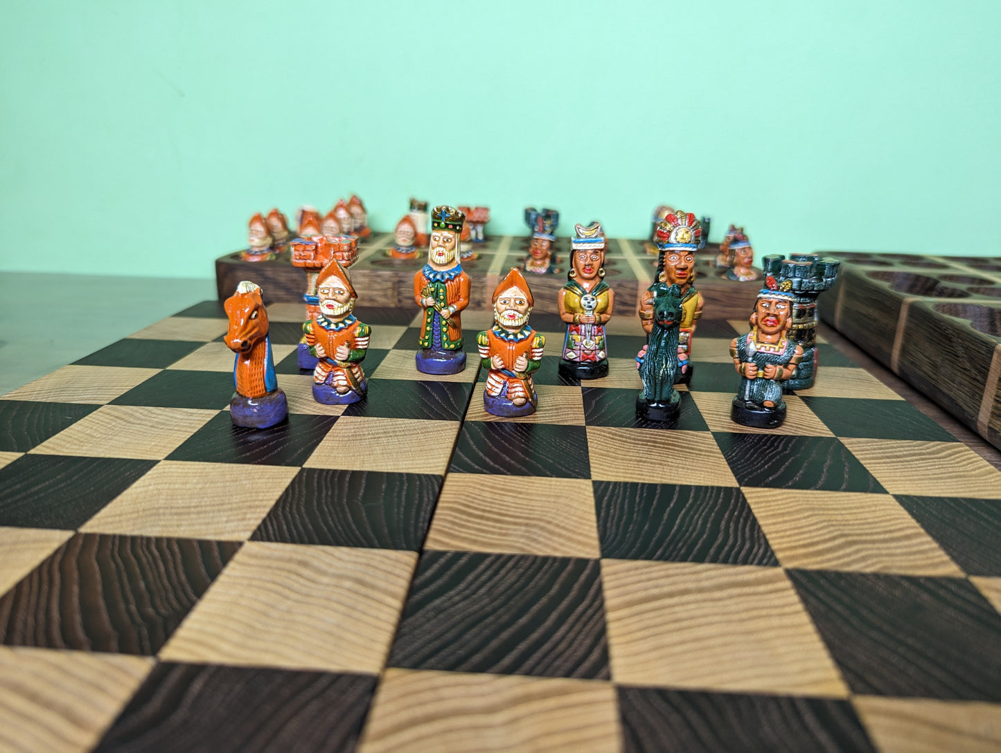 Inca vs Conquistador Chess Set in bog oak wood Cheest